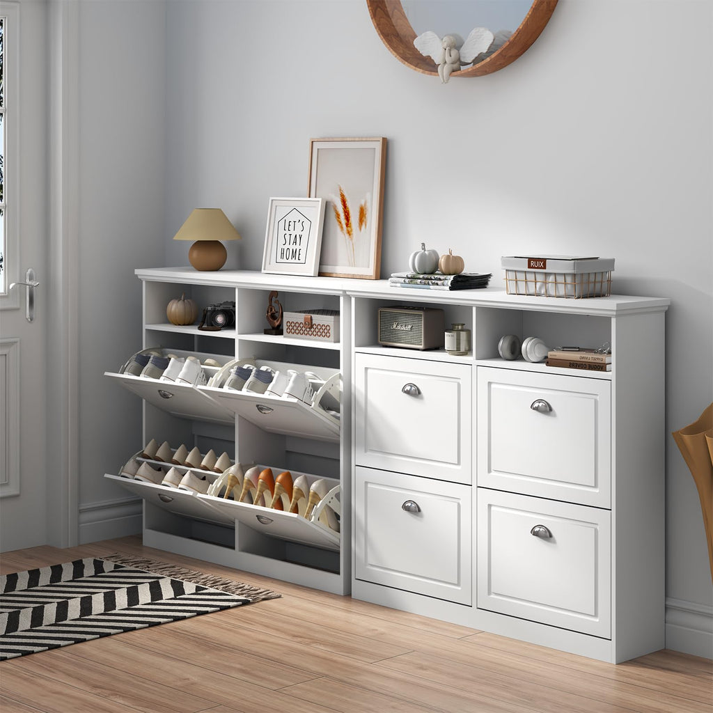 Loomie Shoe Cabinet with 4 Flip Drawers, Freestanding Shoe Storage Cabinet with Open Shelves