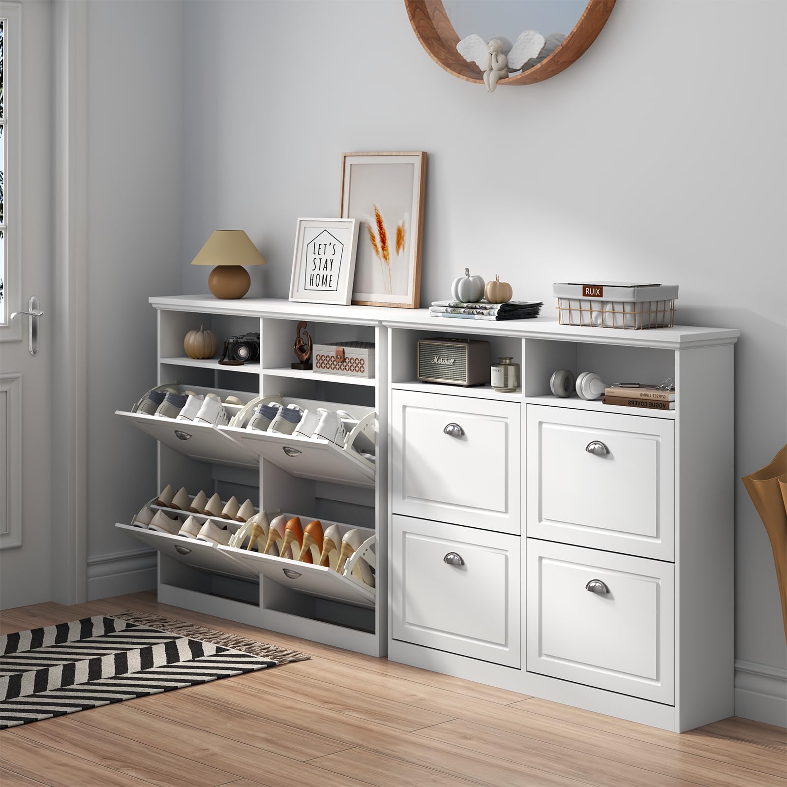 Loomie Shoe Cabinet with 4 Flip Drawers, Freestanding Shoe Storage Cabinet with Open Shelves