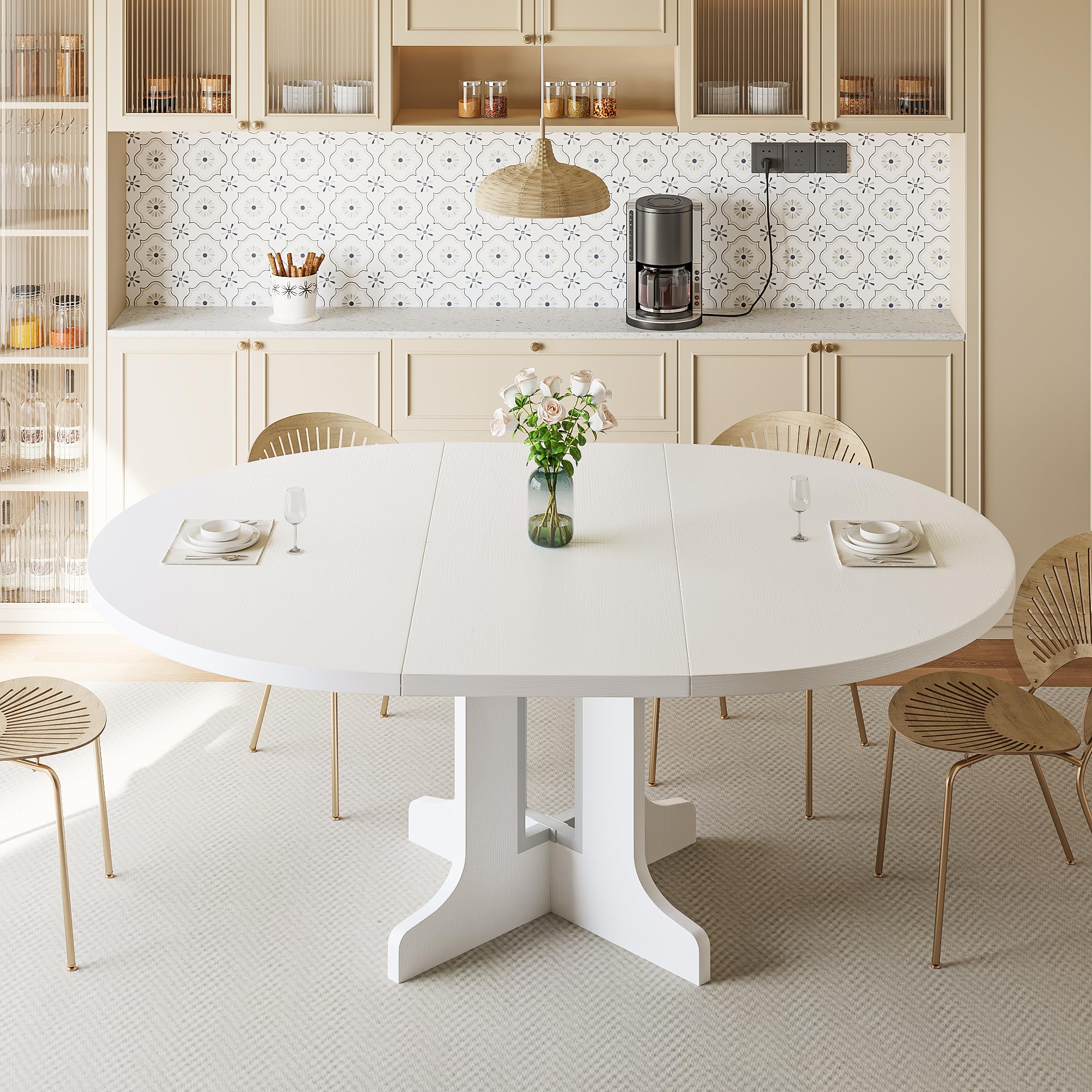 iPormis 59" Extendable Round Dining Table for 4-6, Modern Kitchen Table with Heavy Duty Pedestal Base & Wooden Top