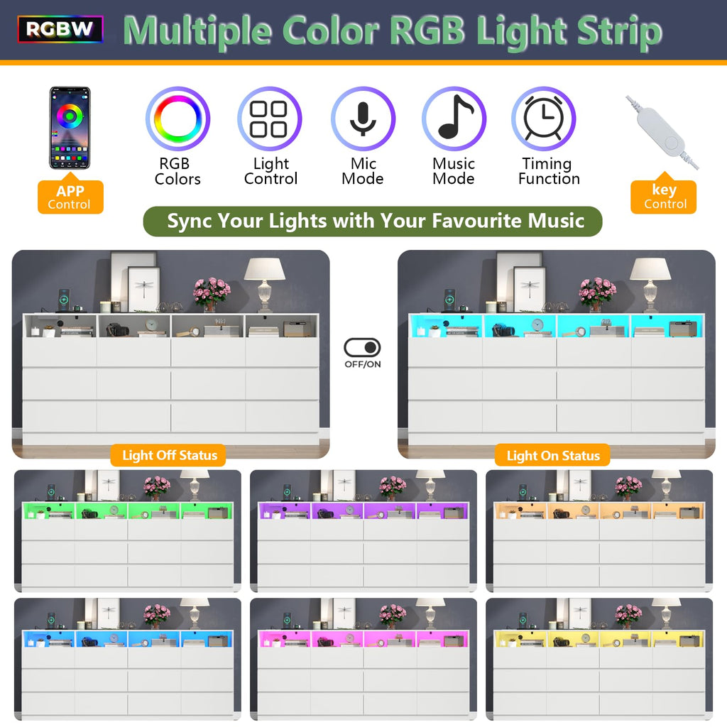Loomie 12-Cell Divided Drawers Black Dresser with Charging Station & Led Lights for Bedroom, Long 63" Wide Dresser TV Stand for TVs