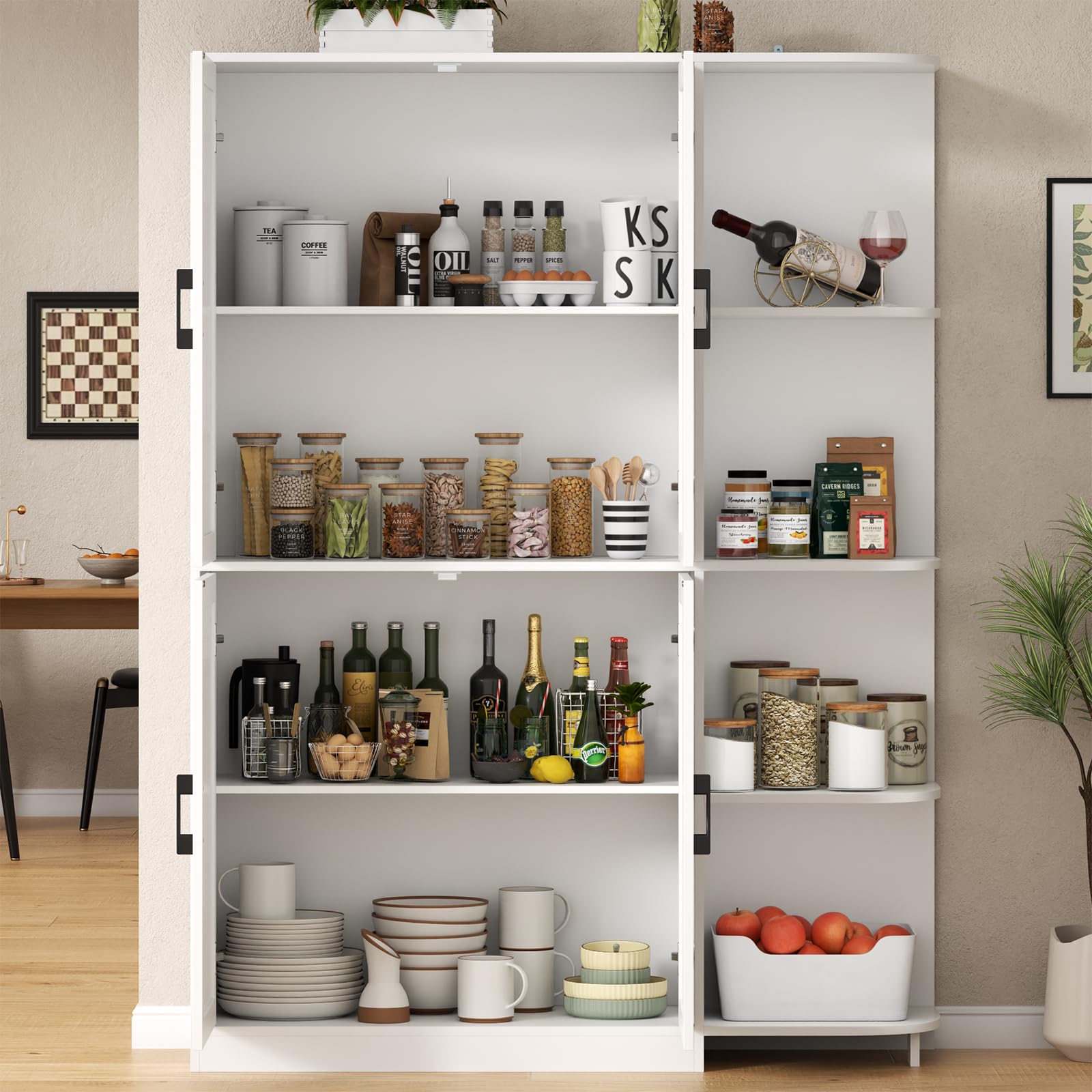 Loomie Kitchen Pantry Storage Cabinet, 64" Tall Freestanding Cupboard with Doors & Adjustable Shelves, Food Pantry Cabinet with 5-Tier External Shelf