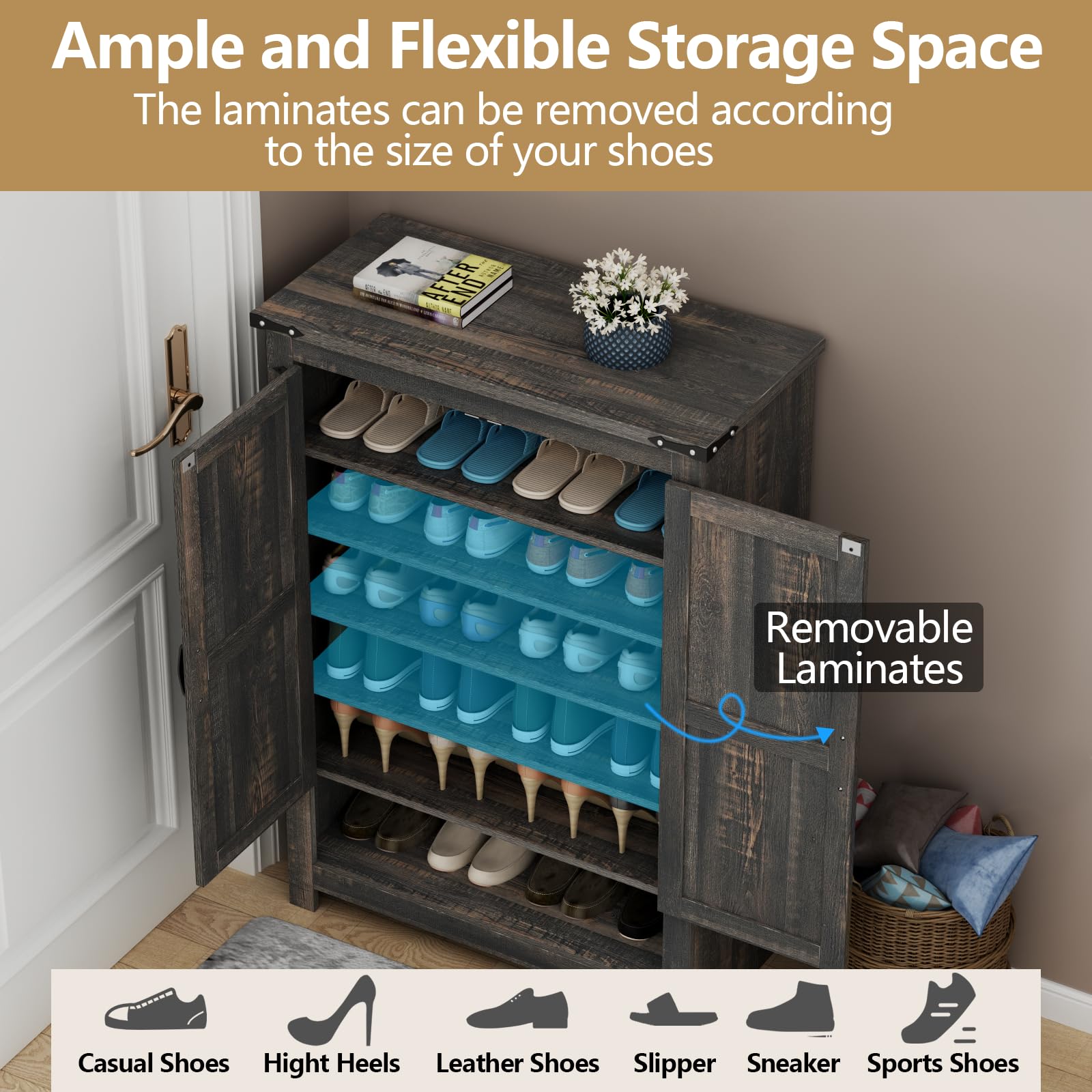 Loomie Shoe Cabinet with Doors, 7-Tier 28 Pair Shoe Cabinet Storage for Entryway, Hidden Narrow Shoe Cabinets with Adjustable Shelves
