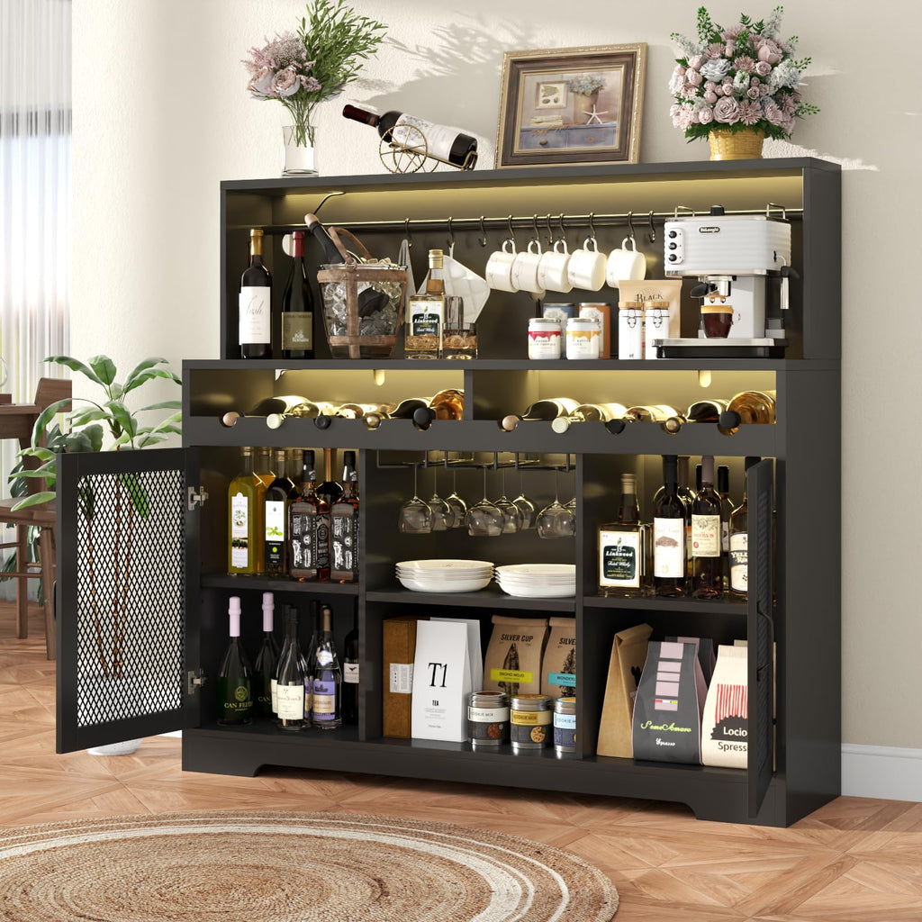 Loomie Wine Bar Cabinet with LED Light, Liquor Cabinet with Glass Holder, Coffee Bar