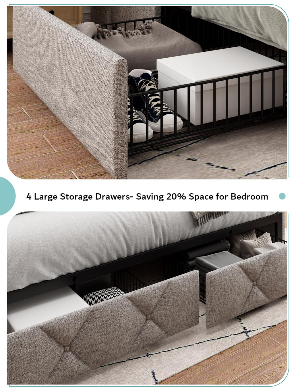 iPormis Bed Frame with 4 Storage Drawers, Upholstered Platform Bed Frame with Charging Station