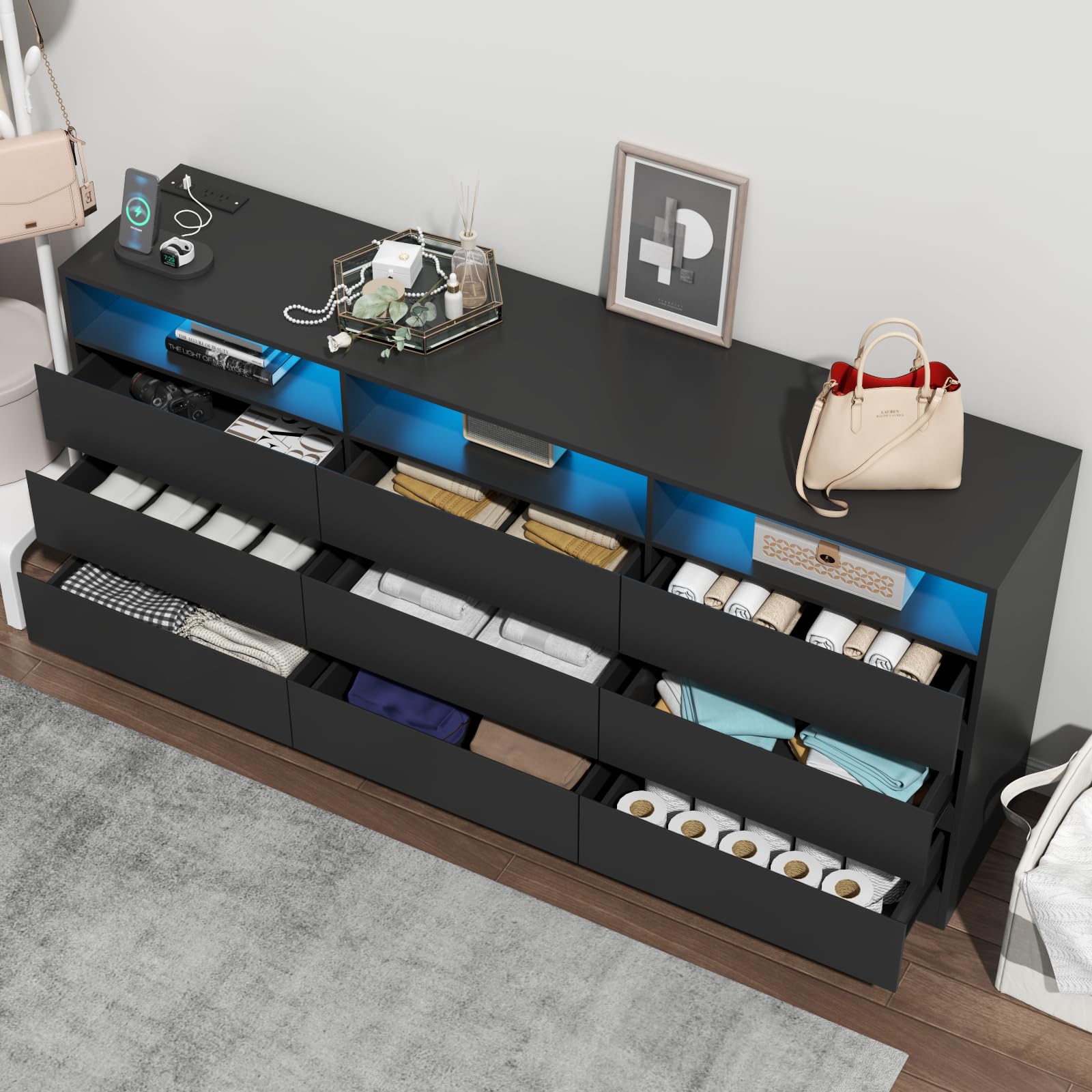 Loomie Drawers Dresser, White Drawer Dresser with Power Outlet, Accent Chests of Drawers with LED Light