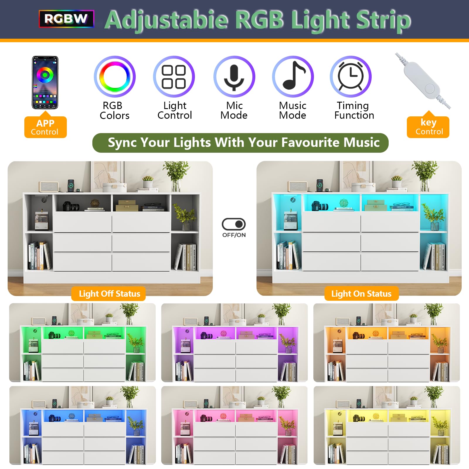 Loomie 6 Drawers Dresser with 6 Open Storage Cubbies, LED Dressers & Chests of Drawers with Power Outlet