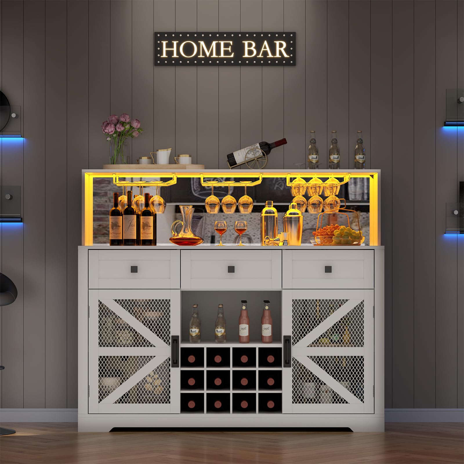 Loomie Wine Bar Cabinet with LED Light, Liquor Cabinet with Glass Holder, Coffee Bar