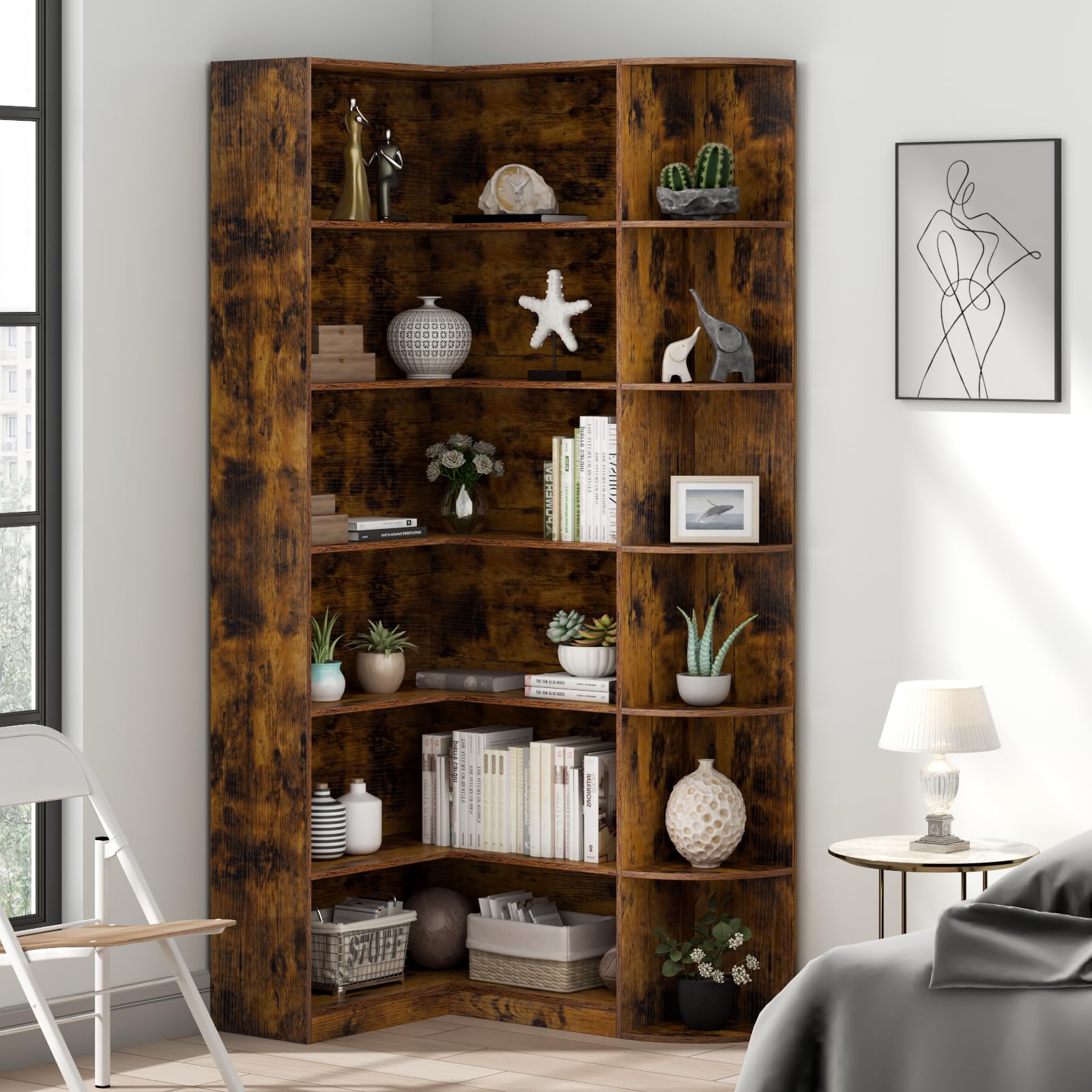 Loomie White Book Shelf, 6 Tiers Shelf Large Tall Corner Etagere Bookcase with Full Baffle, L-Shaped Modern Storage Display Industrial Bookshelves