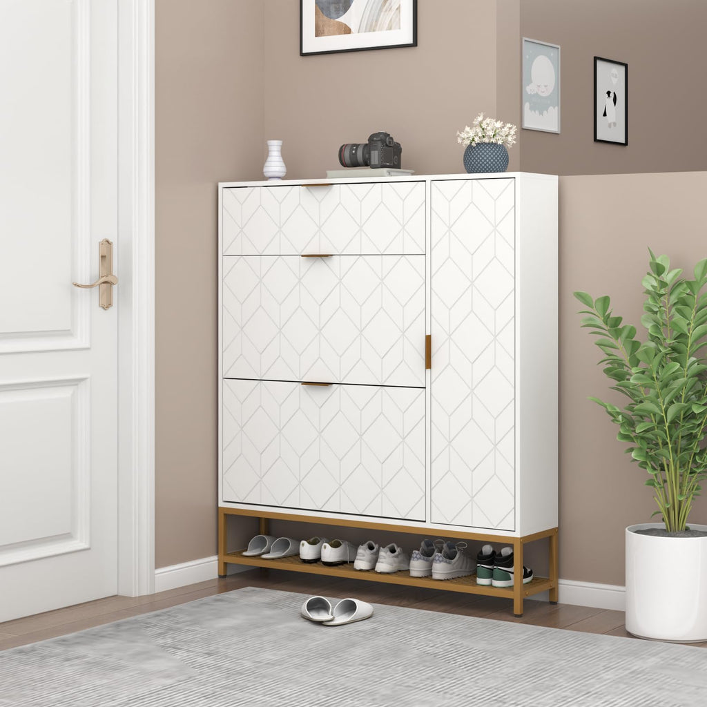 Loomie Shoe Cabinet,Freestanding Tipping Bucket Shoe Rack Organizer with 2 Flip Drawers,Entryway Narrow Shoe Storage with Adjustable Storage Shelf &Top Cubby,Modern Slim Hidden Shoe Cabinet, Black