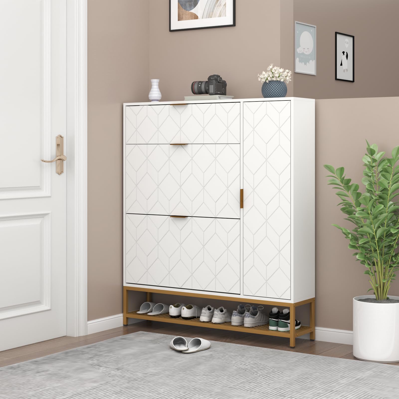 Loomie Shoe Cabinet,Freestanding Tipping Bucket Shoe Rack Organizer with 2 Flip Drawers,Entryway Narrow Shoe Storage with Adjustable Storage Shelf &Top Cubby,Modern Slim Hidden Shoe Cabinet, Black