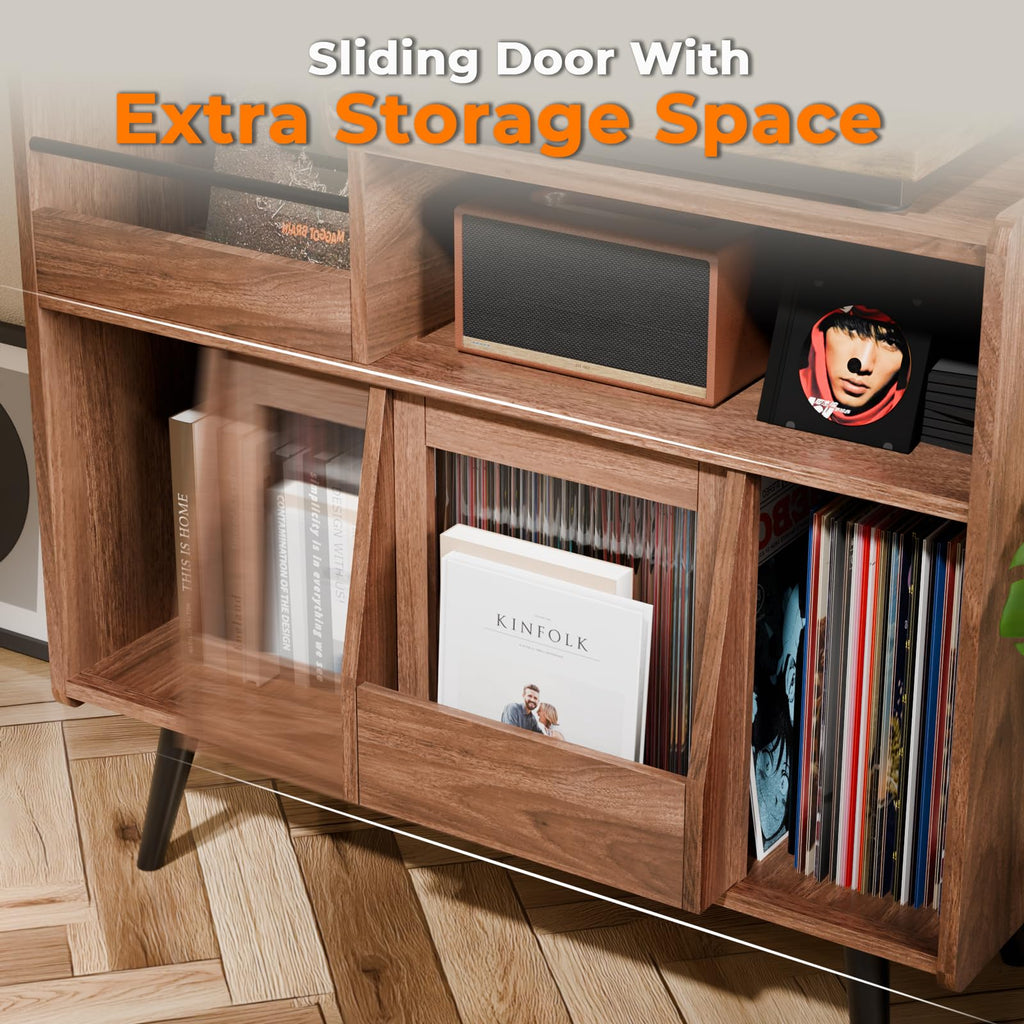 Loomie Large Black Record Player Stand Turntable Stand Shelf with with Power Outlet and LED Light,Vinyl Record Storage Cabinet