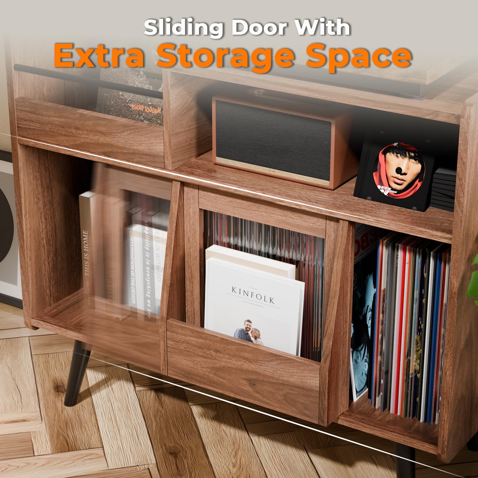 Loomie Large Black Record Player Stand Turntable Stand Shelf with with Power Outlet and LED Light,Vinyl Record Storage Cabinet