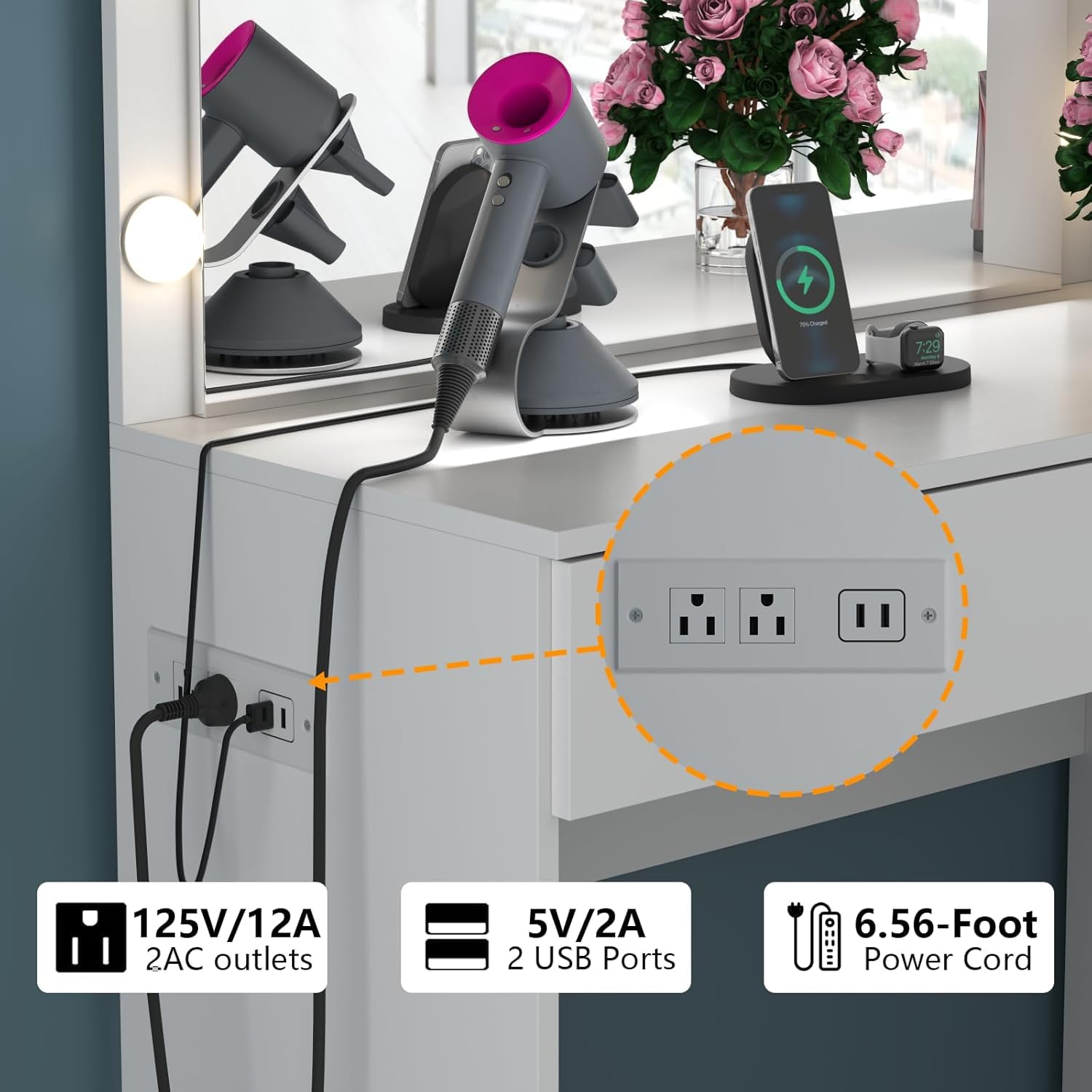 Loomie Vanity Desk with Lighted Mirror & Power Outlet, Makeup Table