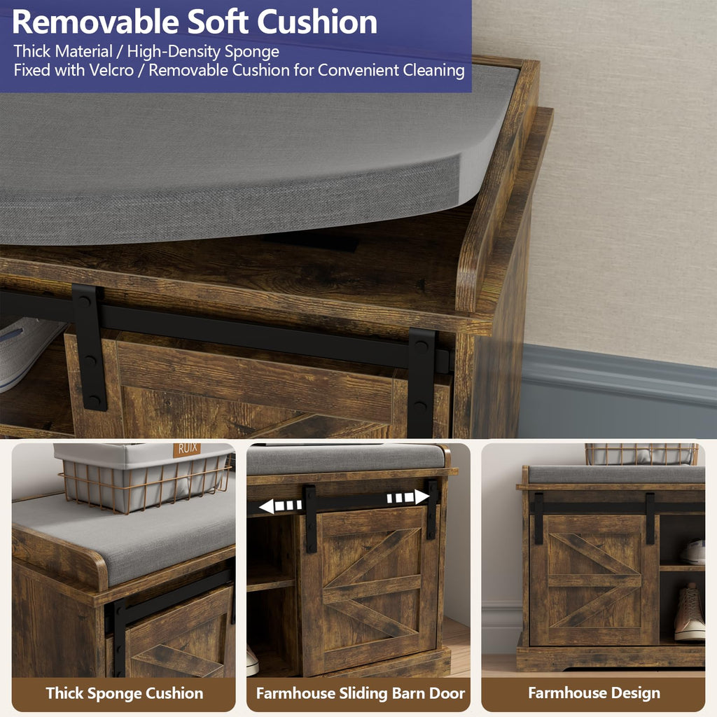 Loomie Shoe Storage Bench, 2-Tier Farmhouse Entryway Bench with Sliding Barn Door Storage Cabinets