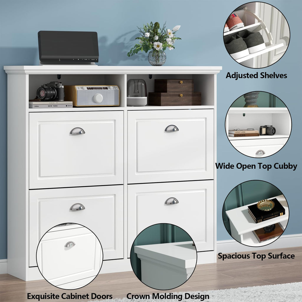 Loomie Shoe Cabinet with 4 Flip Drawers, Freestanding Shoe Storage Cabinet with Open Shelves