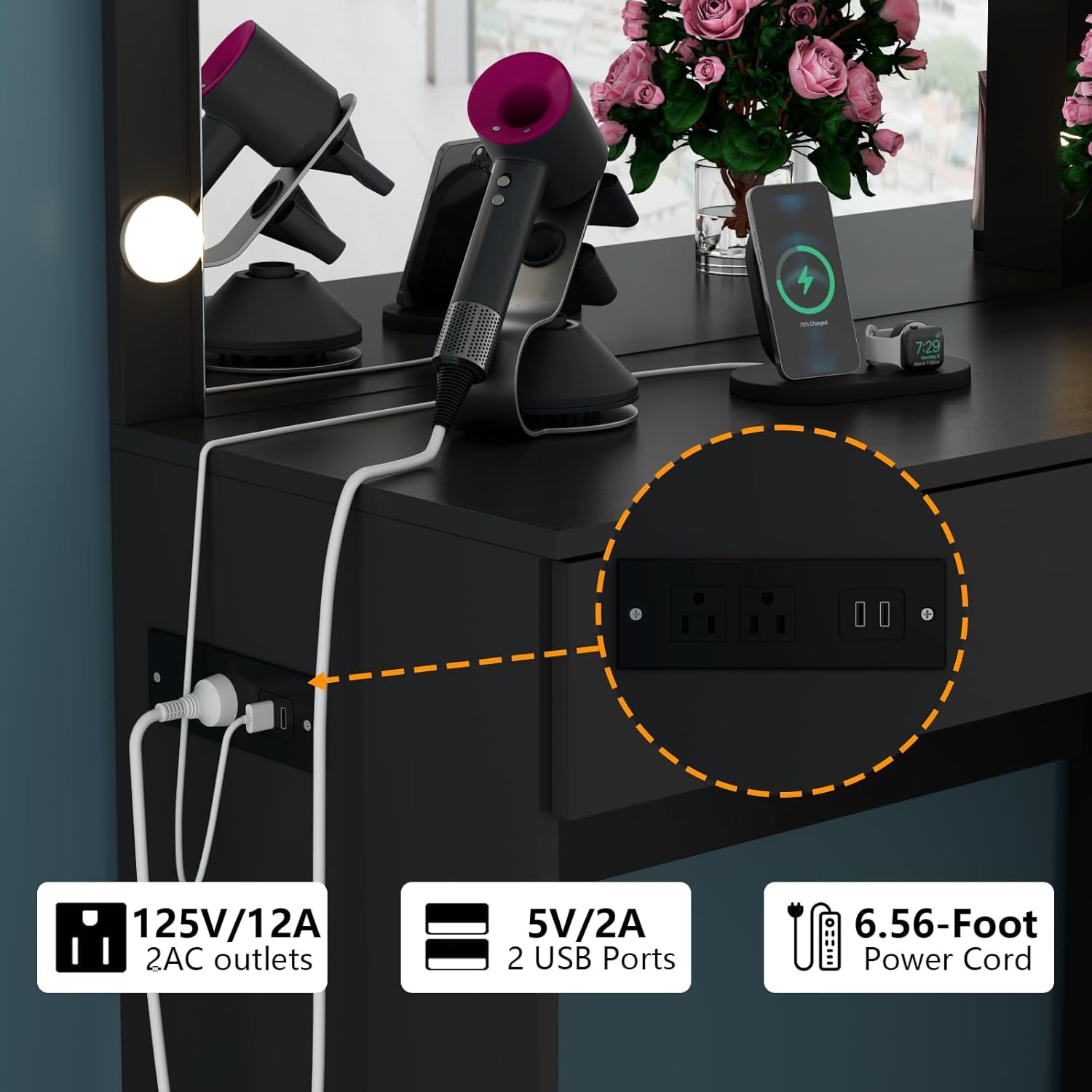 Loomie Vanity Desk with Lighted Mirror & Power Outlet, Makeup Table