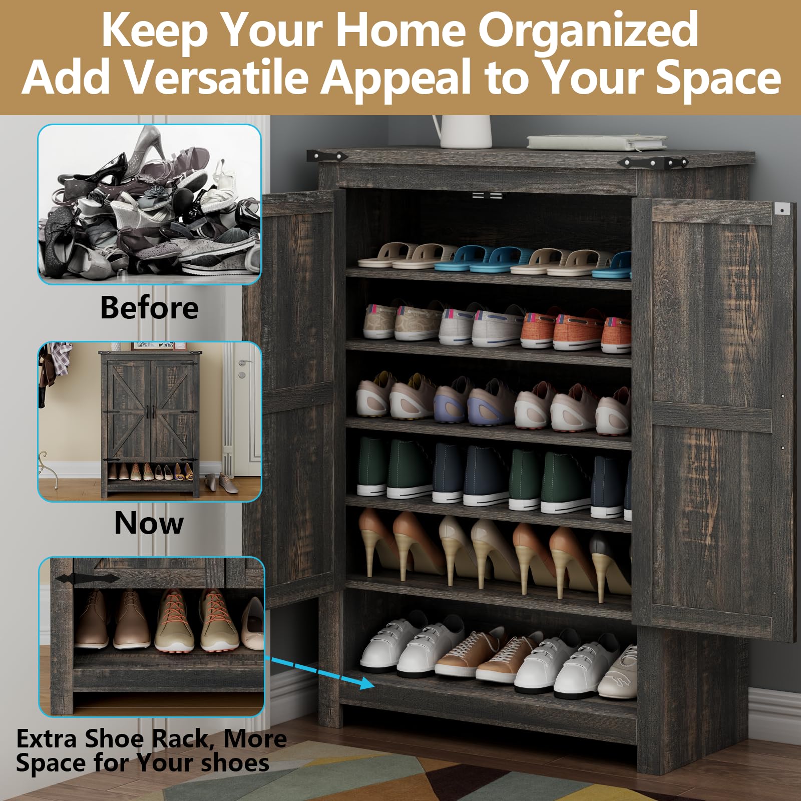 Loomie Shoe Cabinet with Doors, 7-Tier 28 Pair Shoe Cabinet Storage for Entryway, Hidden Narrow Shoe Cabinets with Adjustable Shelves