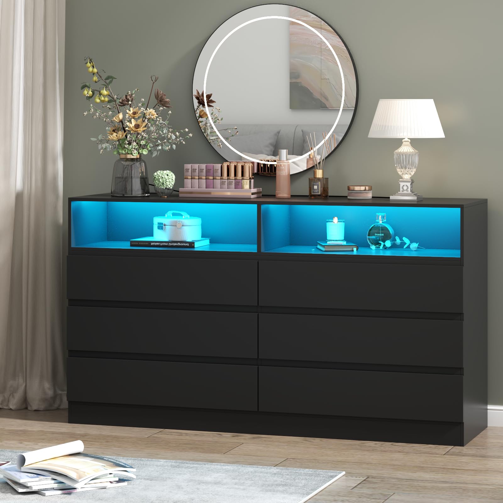 Loomie Drawers Dresser, White Drawer Dresser with Power Outlet, Accent Chests of Drawers with LED Light