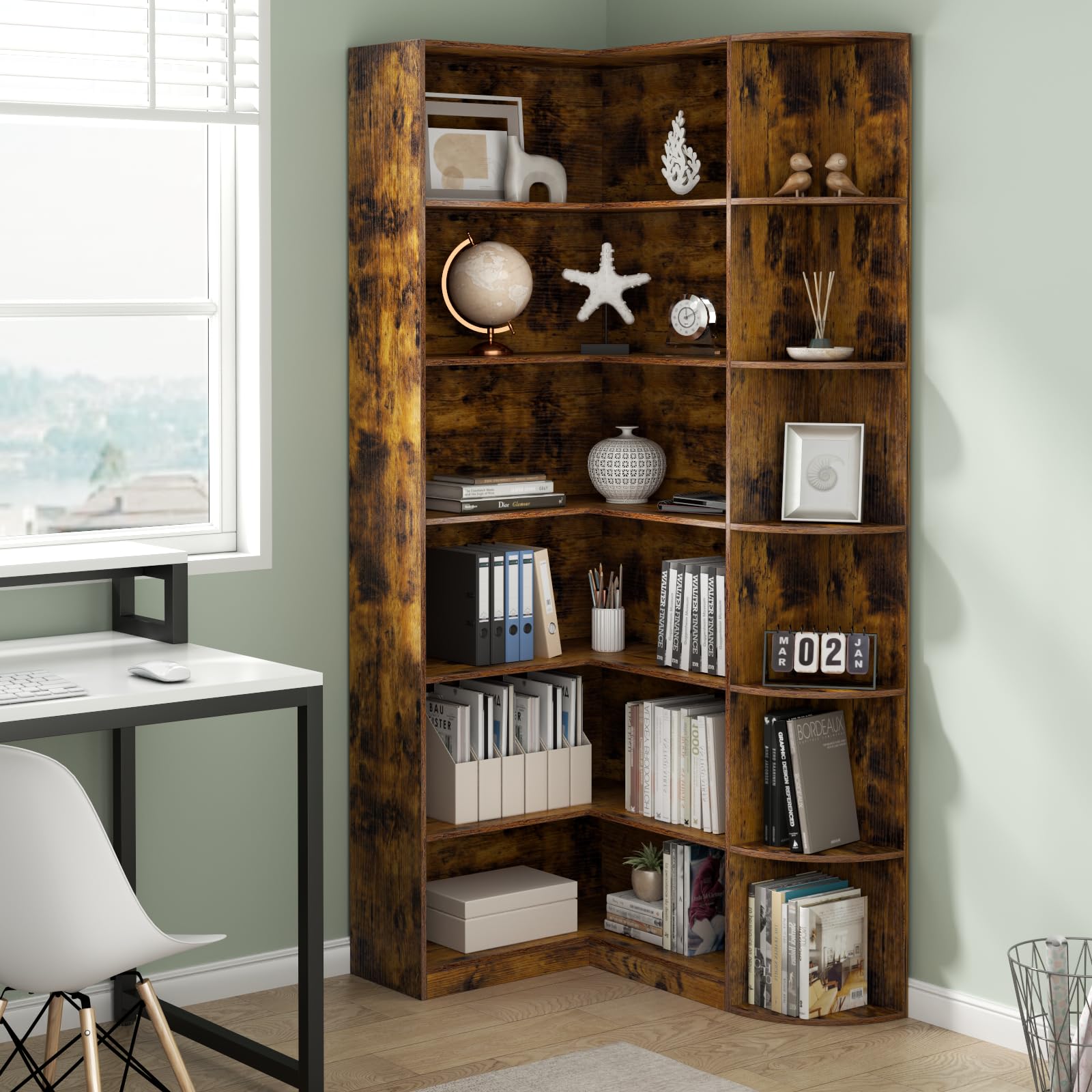 Loomie White Book Shelf, 6 Tiers Shelf Large Tall Corner Etagere Bookcase with Full Baffle, L-Shaped Modern Storage Display Industrial Bookshelves