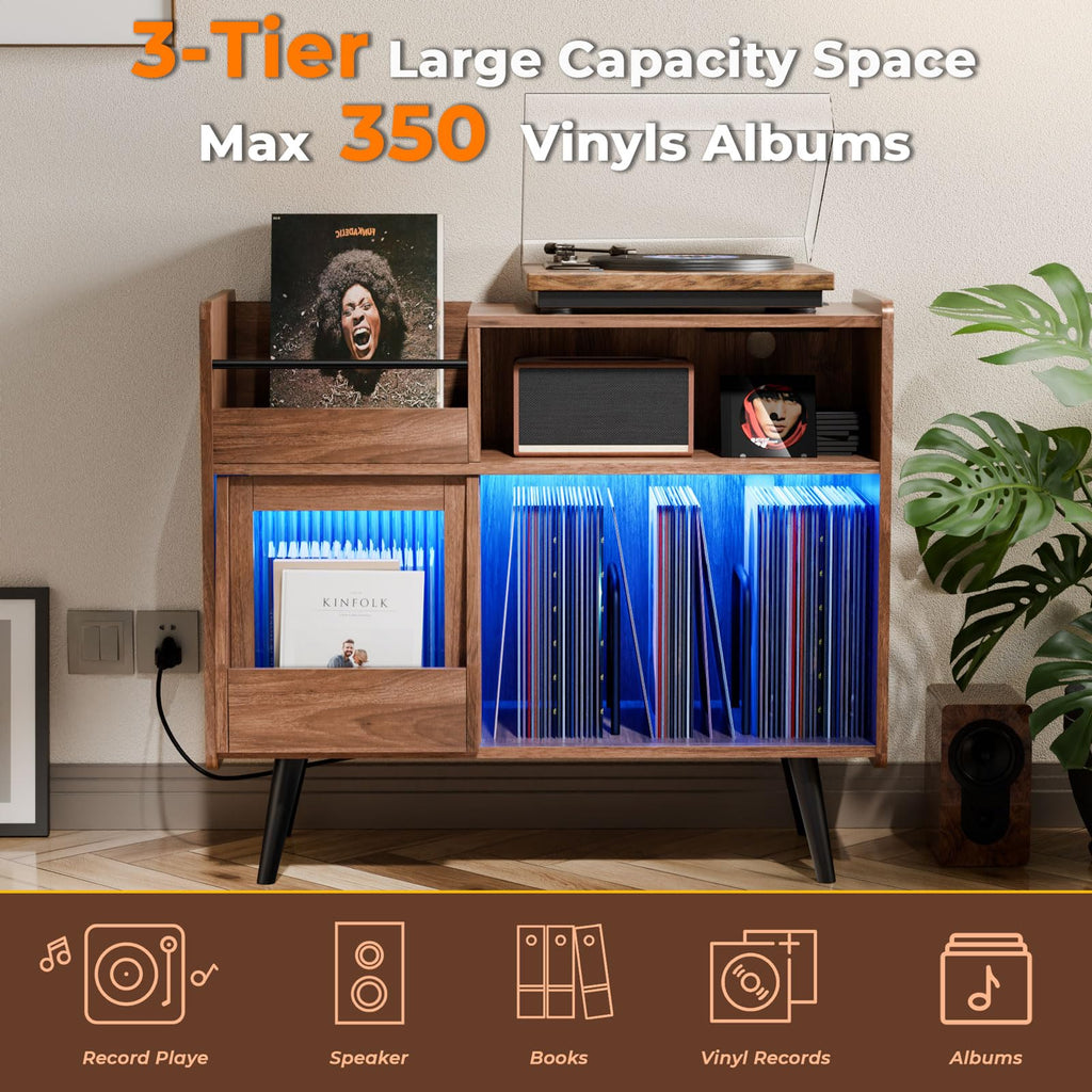 Loomie Large Black Record Player Stand Turntable Stand Shelf with with Power Outlet and LED Light,Vinyl Record Storage Cabinet