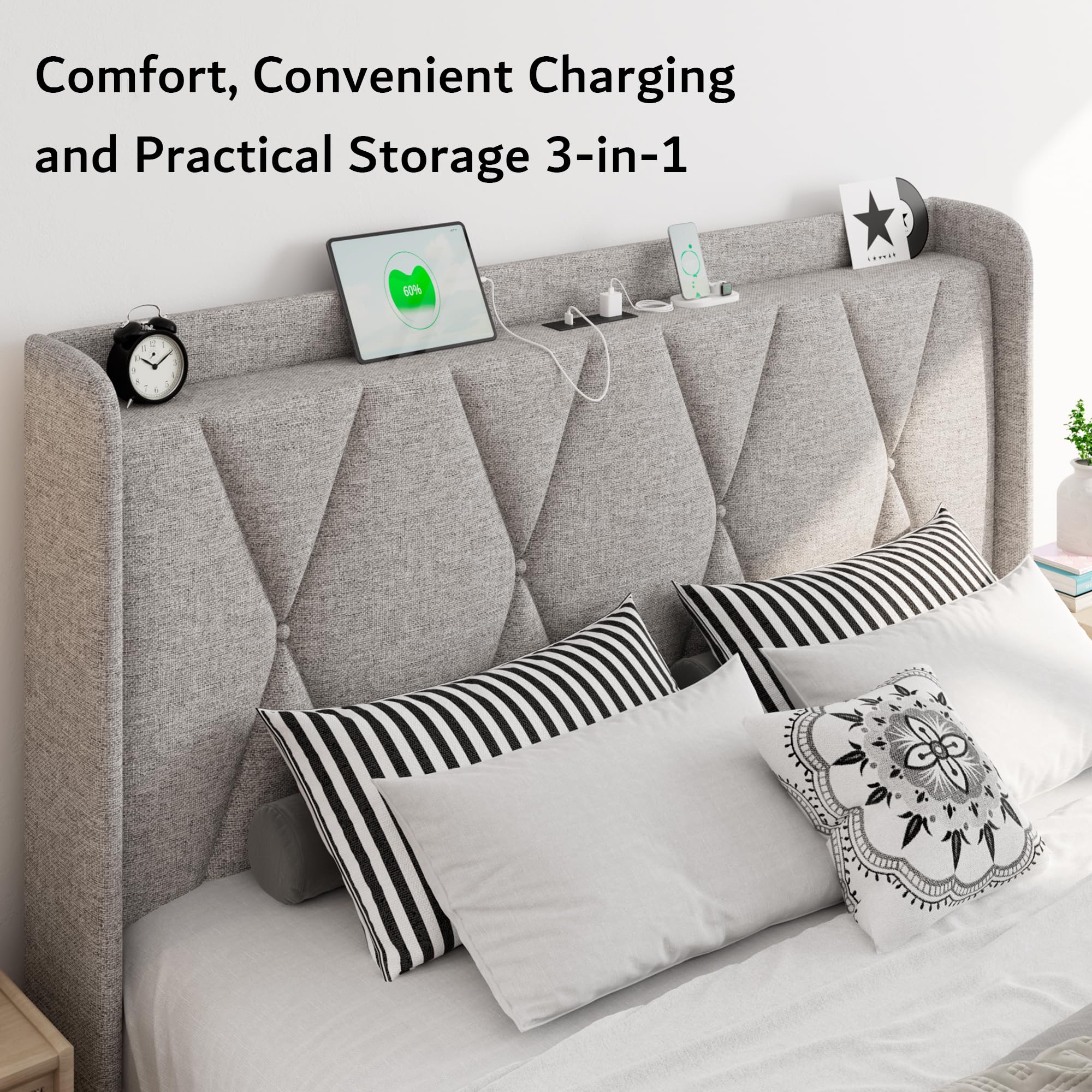 iPormis Bed Frame with 4 Storage Drawers, Upholstered Platform Bed Frame with Charging Station