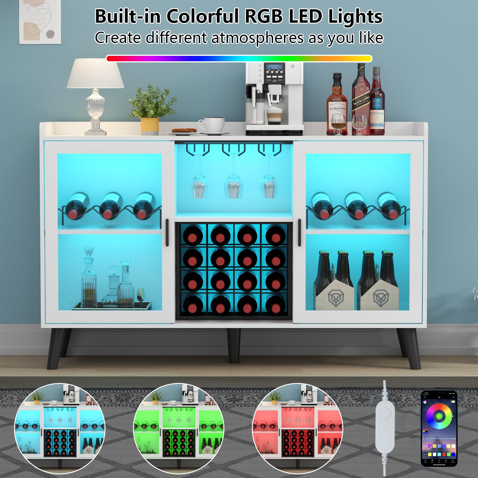 Loomie Wine Bar Cabinet with LED Light, Home Coffee Cabinet with Wine Rack and Glass Holder, Kitchen Buffet Sideboard W Storage Shelf