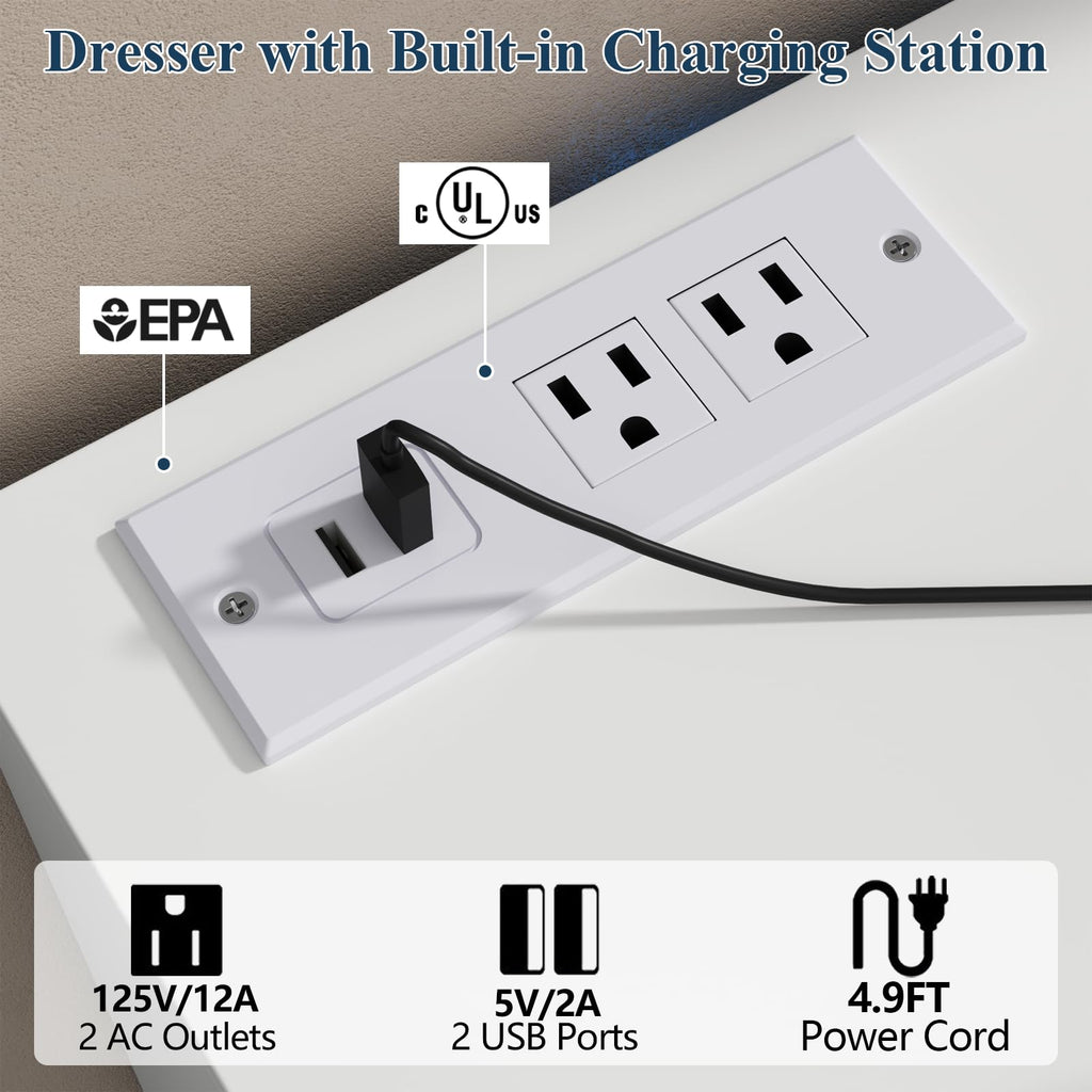 Loomie 12-Cell Divided Drawers Black Dresser with Charging Station & Led Lights for Bedroom, Long 63" Wide Dresser TV Stand for TVs