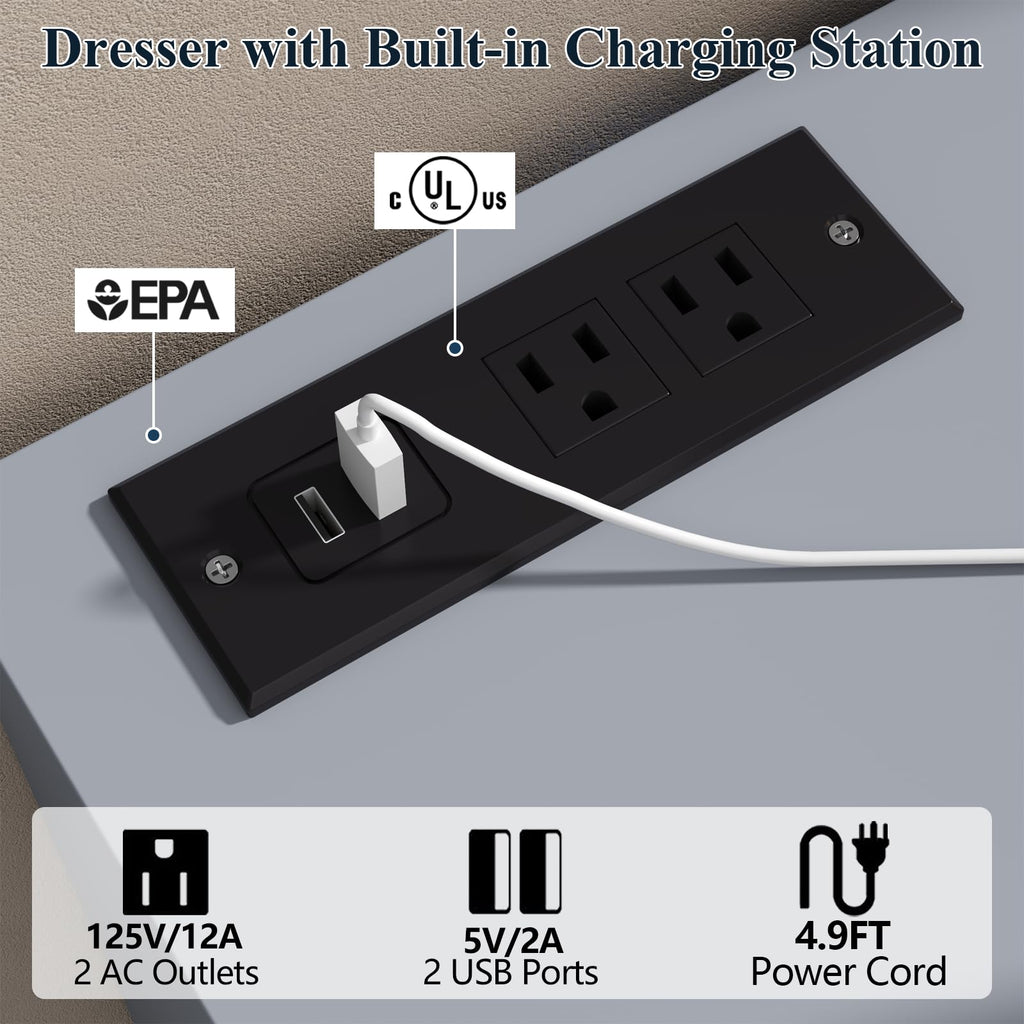 Loomie 12-Cell Divided Drawers Black Dresser with Charging Station & Led Lights for Bedroom, Long 63" Wide Dresser TV Stand for TVs