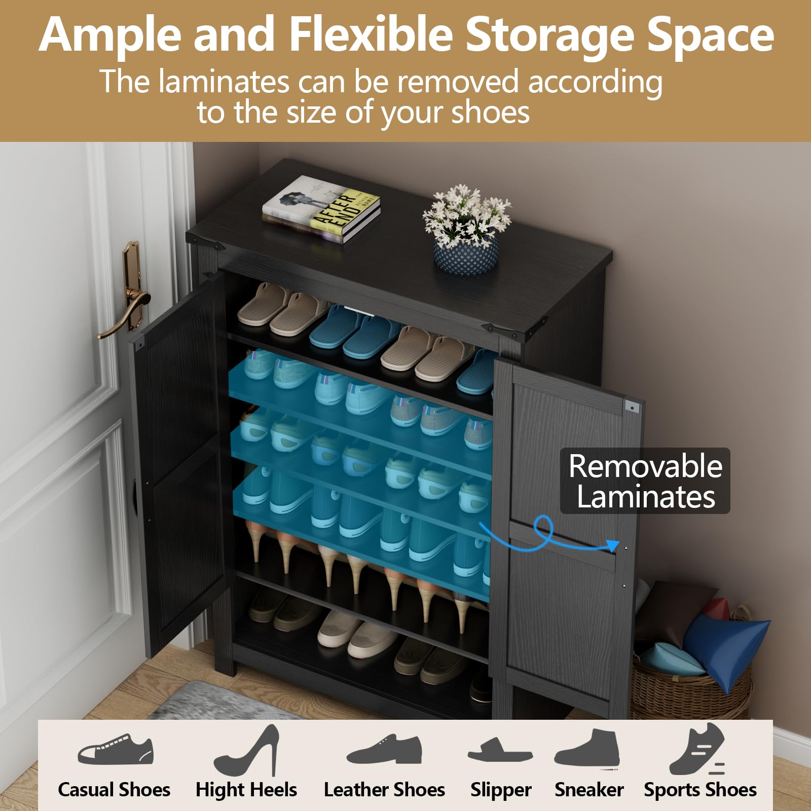 Loomie Shoe Cabinet with Doors, 7-Tier 28 Pair Shoe Cabinet Storage for Entryway, Hidden Narrow Shoe Cabinets with Adjustable Shelves