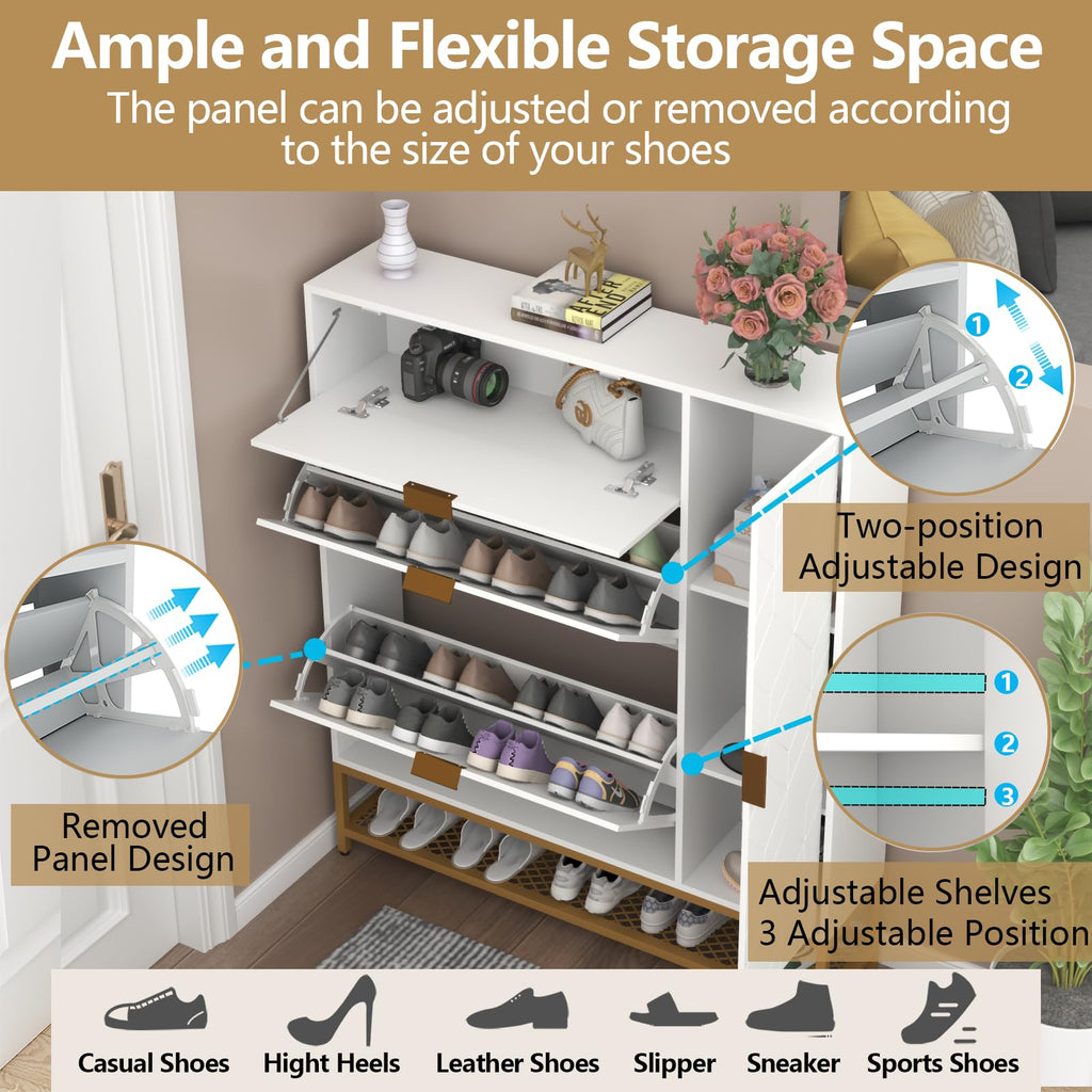 Loomie Shoe Cabinet,Freestanding Tipping Bucket Shoe Rack Organizer with 2 Flip Drawers,Entryway Narrow Shoe Storage with Adjustable Storage Shelf &Top Cubby,Modern Slim Hidden Shoe Cabinet, Black