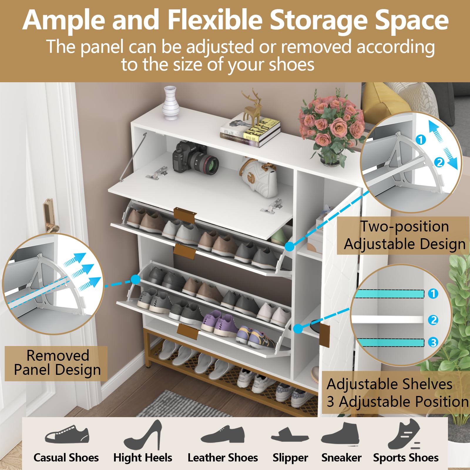 Loomie Shoe Cabinet,Freestanding Tipping Bucket Shoe Rack Organizer with 2 Flip Drawers,Entryway Narrow Shoe Storage with Adjustable Storage Shelf &Top Cubby,Modern Slim Hidden Shoe Cabinet, Black