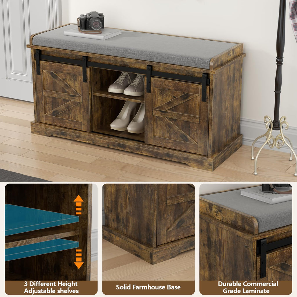 Loomie Shoe Storage Bench, 2-Tier Farmhouse Entryway Bench with Sliding Barn Door Storage Cabinets