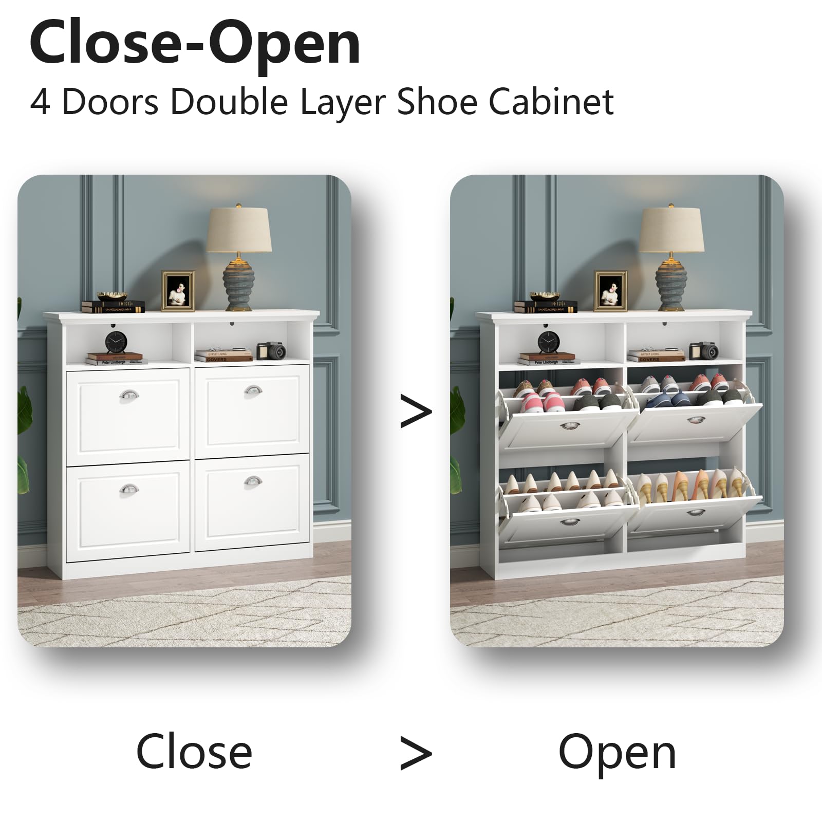 Loomie Shoe Cabinet with 4 Flip Drawers, Freestanding Shoe Storage Cabinet with Open Shelves