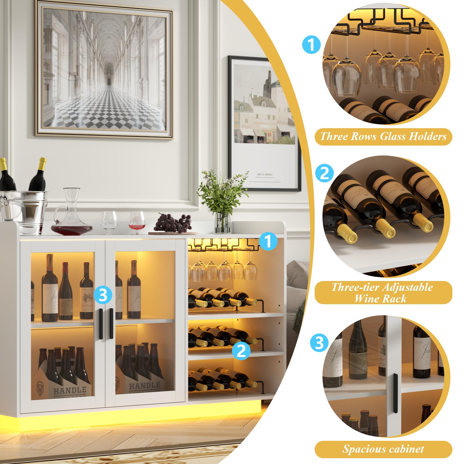 Loomie Wine Bar Cabinet with LED Lights, Floating Coffee Bar with Glass Rack and Removable Wine Racks, Modern Buffet Sideboard with Storage Shelves