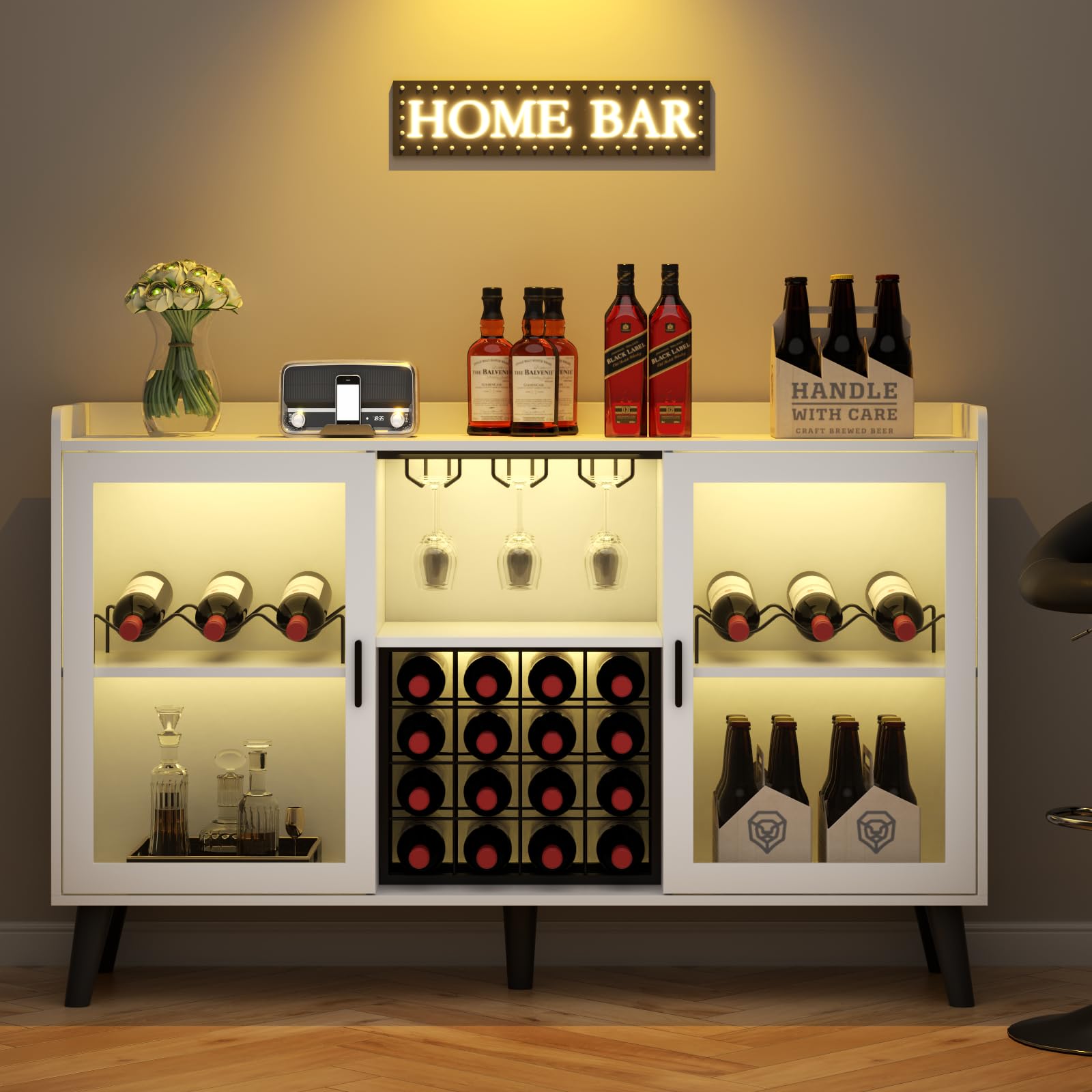 Loomie Wine Bar Cabinet with LED Light, Home Coffee Cabinet with Wine Rack and Glass Holder, Kitchen Buffet Sideboard W Storage Shelf