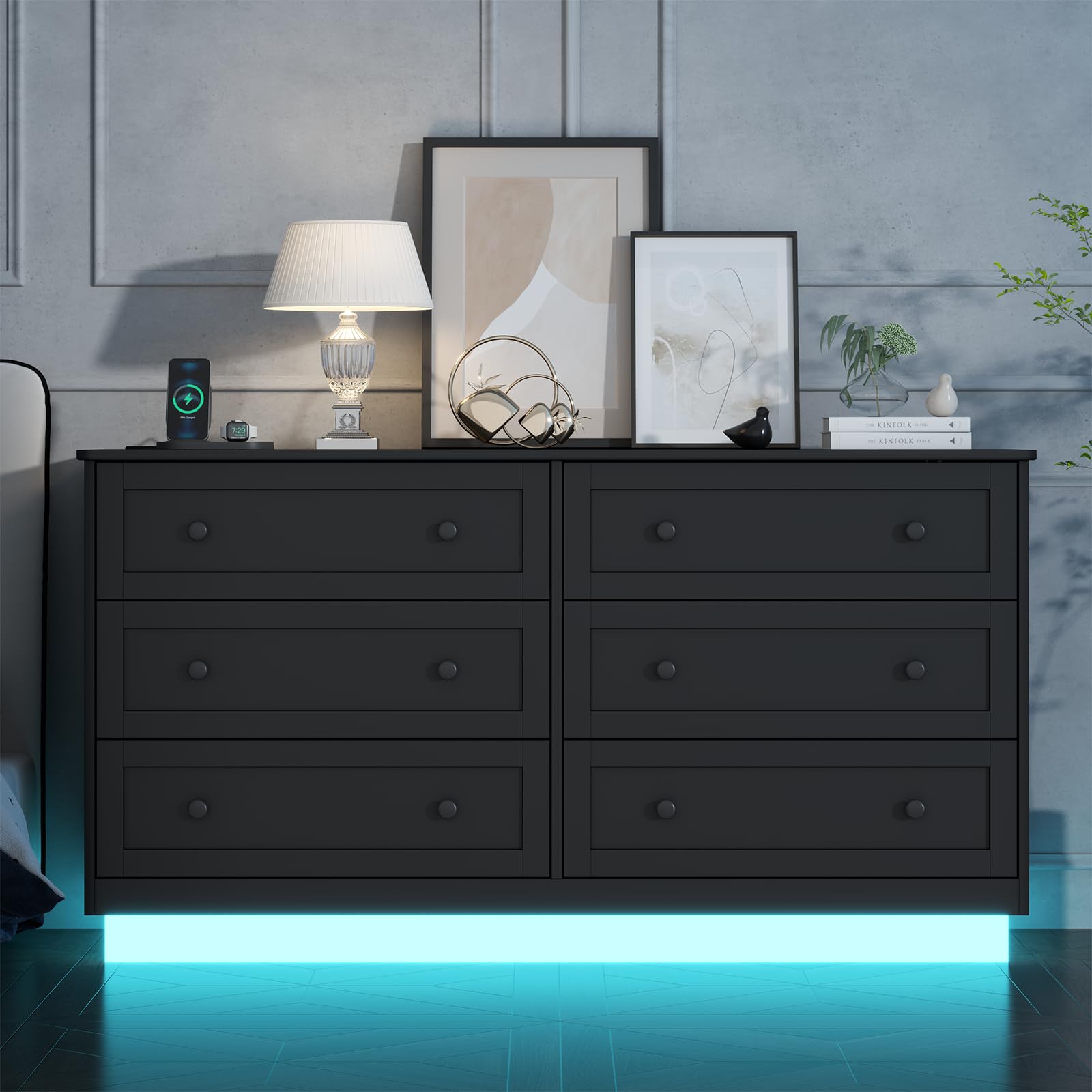 Loomie 6 Drawer Dresser, Modern Drawer Chests with Power Outlet and Led Light, Wide Chest of Drawers for Storage and Organization