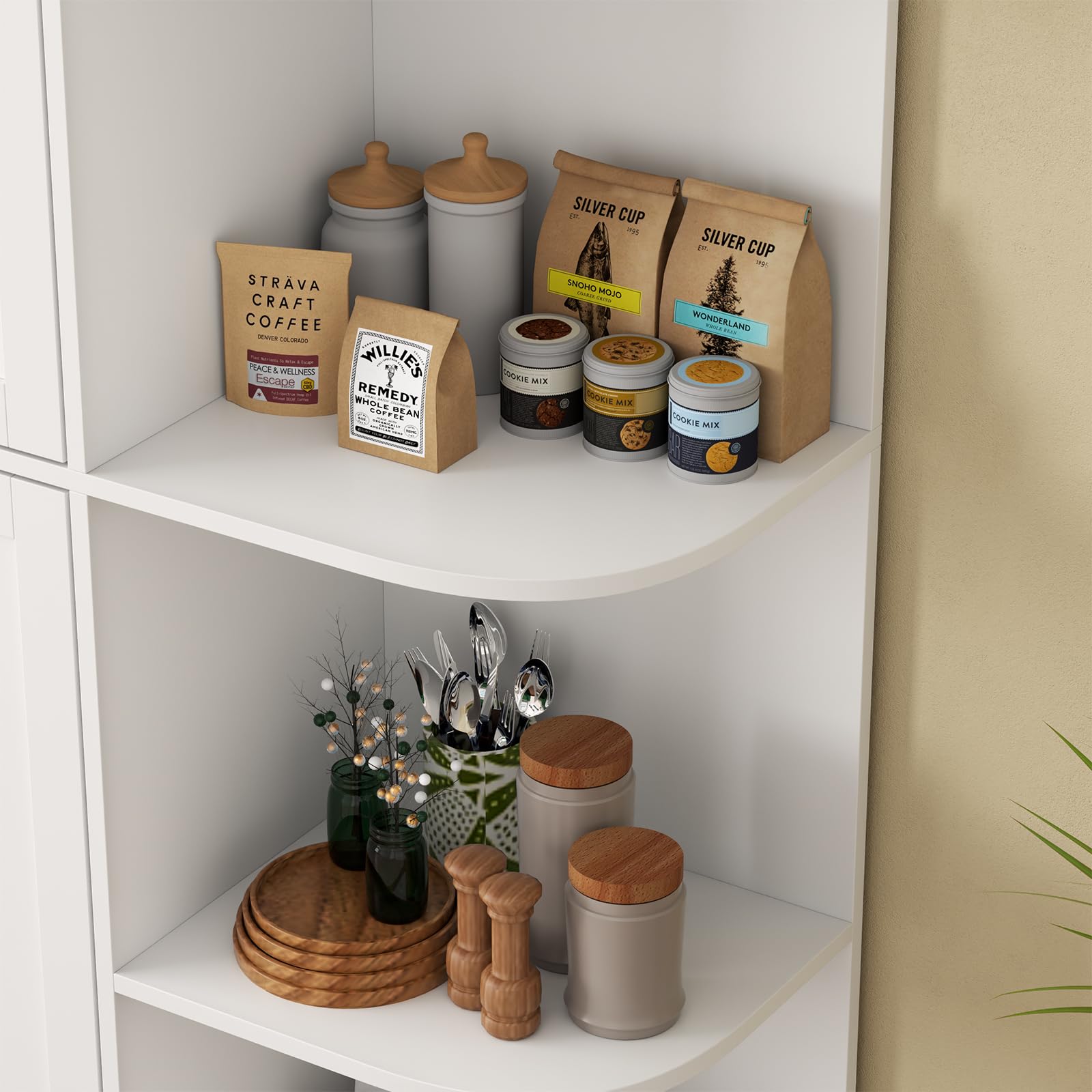 Loomie Kitchen Pantry Storage Cabinet, 64" Tall Freestanding Cupboard with Doors & Adjustable Shelves, Food Pantry Cabinet with 5-Tier External Shelf