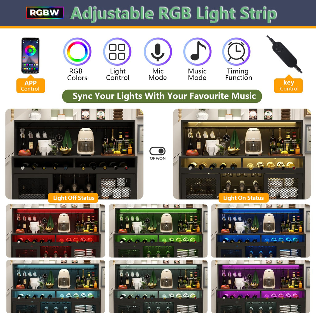 Loomie Wine Bar Cabinet with LED Light, Liquor Cabinet with Glass Holder, Coffee Bar