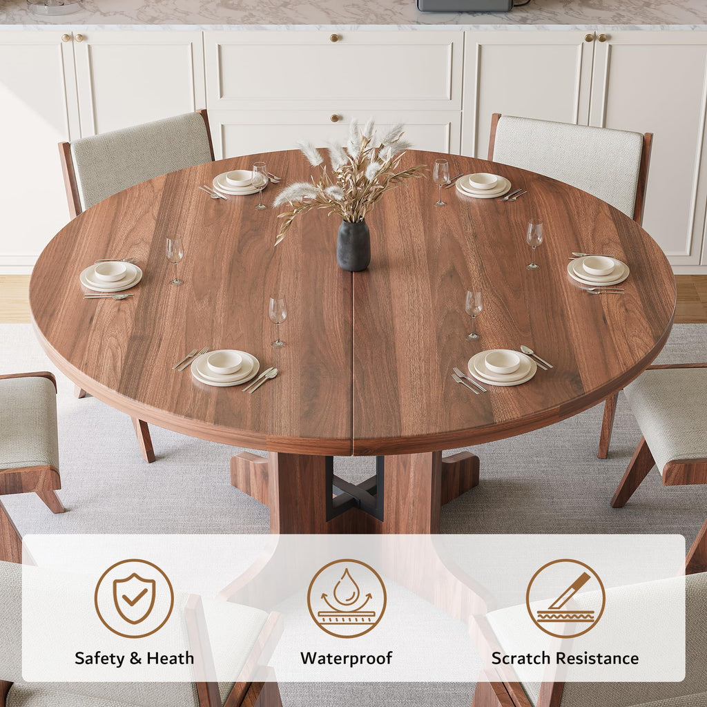 iPormis 59" Extendable Round Dining Table for 4-6, Modern Kitchen Table with Heavy Duty Pedestal Base & Wooden Top
