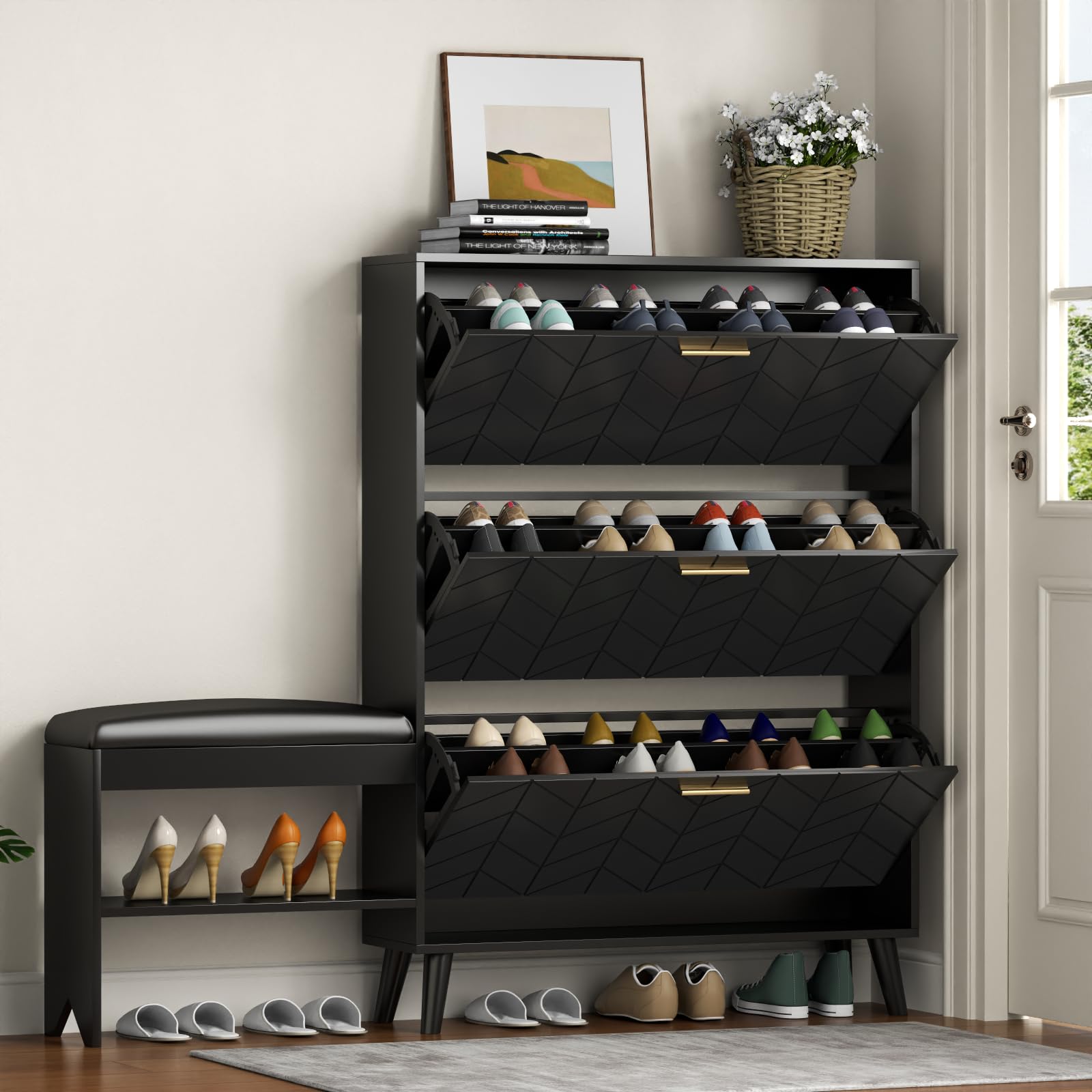 Loomie Shoe Cabinet w/3 Flip Drawers, Shoe Storage Cabinet w/Bench for Entryway, Freestanding Narrow Hidden Shoe Rack Organizer