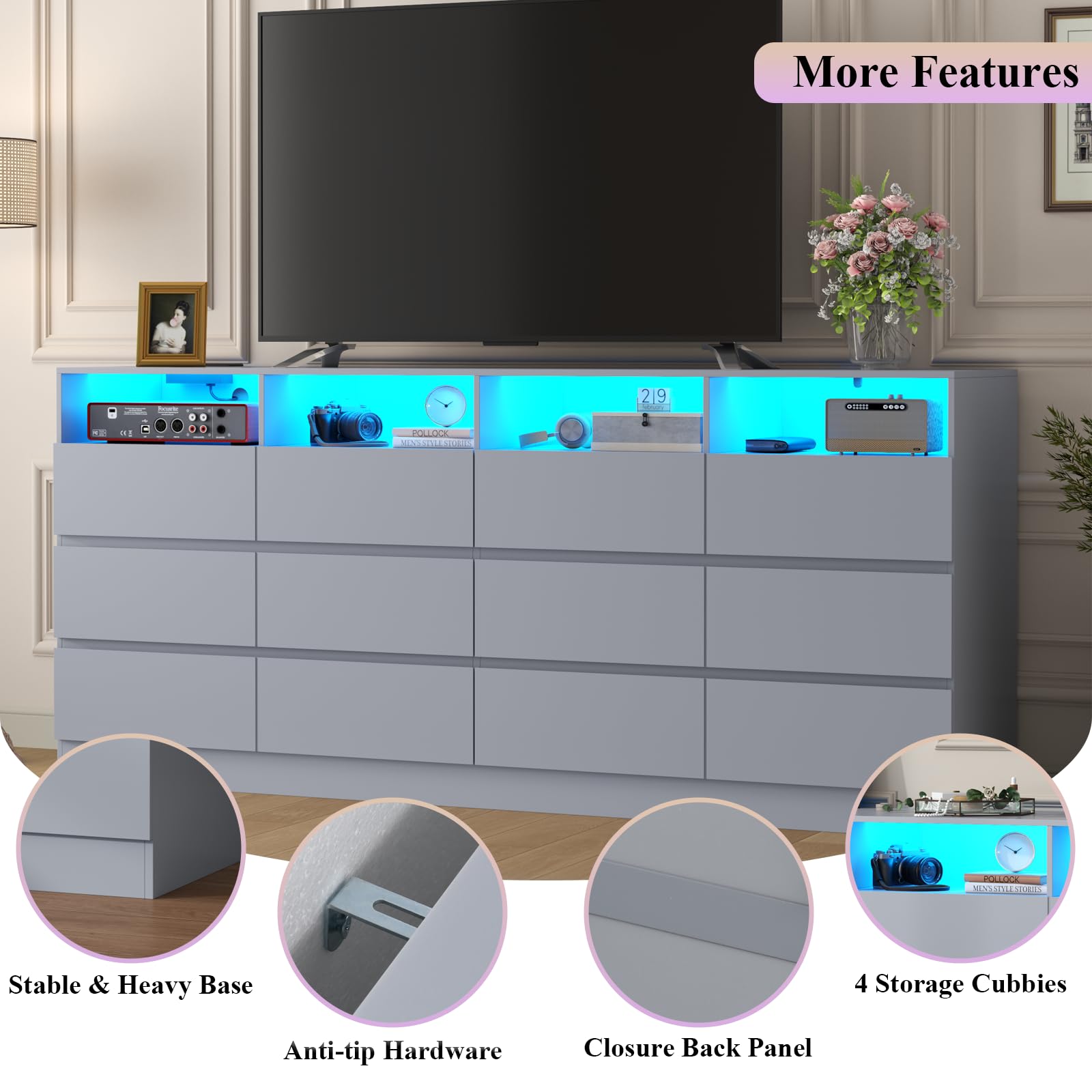 Loomie 12-Cell Divided Drawers Black Dresser with Charging Station & Led Lights for Bedroom, Long 63" Wide Dresser TV Stand for TVs