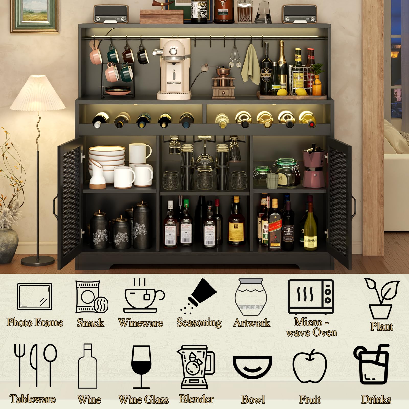 Loomie Wine Bar Cabinet with LED Light, Liquor Cabinet with Glass Holder, Coffee Bar