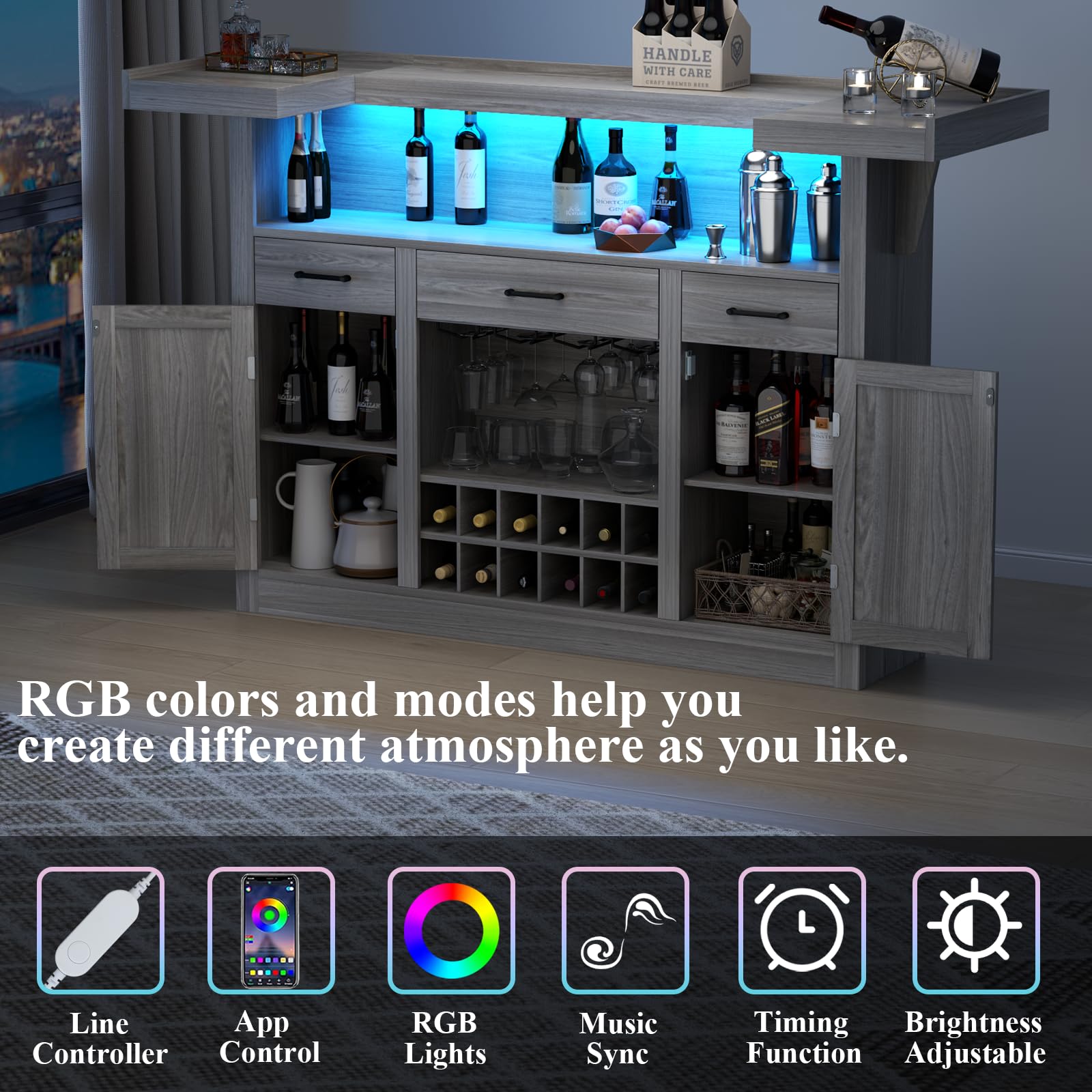 Loomie Bar Table Cabinet with LED & 3 Drawers,Liquor Bar with Adjustable Storage Shelves & Stemware Holders, Crescent Shaped Counter for Home Pub