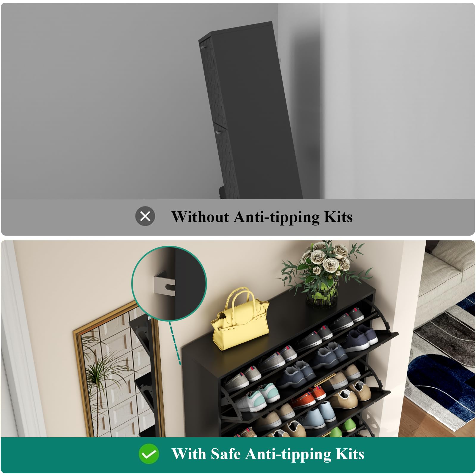 Loomie Shoe Cabinet w/3 Flip Drawers, Shoe Storage Cabinet w/Bench for Entryway, Freestanding Narrow Hidden Shoe Rack Organizer