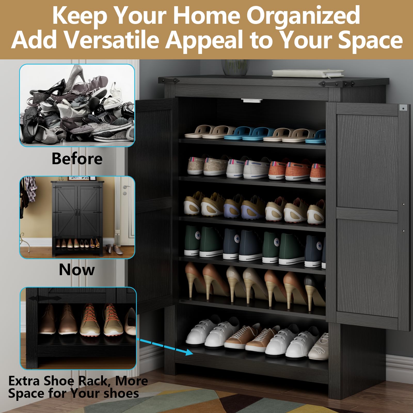 Loomie Shoe Cabinet with Doors, 7-Tier 28 Pair Shoe Cabinet Storage for Entryway, Hidden Narrow Shoe Cabinets with Adjustable Shelves