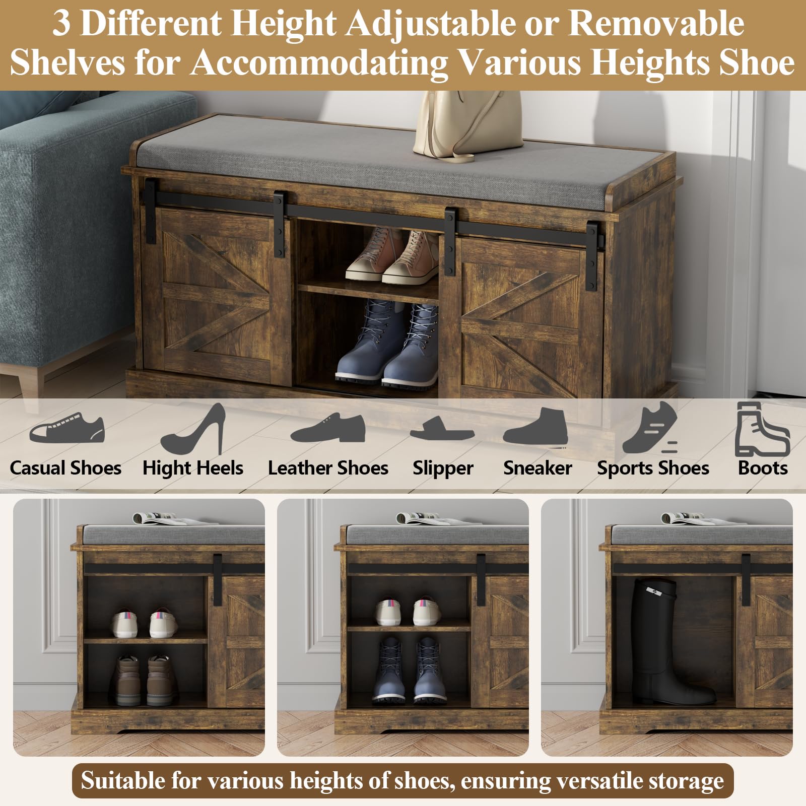 Loomie Shoe Storage Bench, 2-Tier Farmhouse Entryway Bench with Sliding Barn Door Storage Cabinets