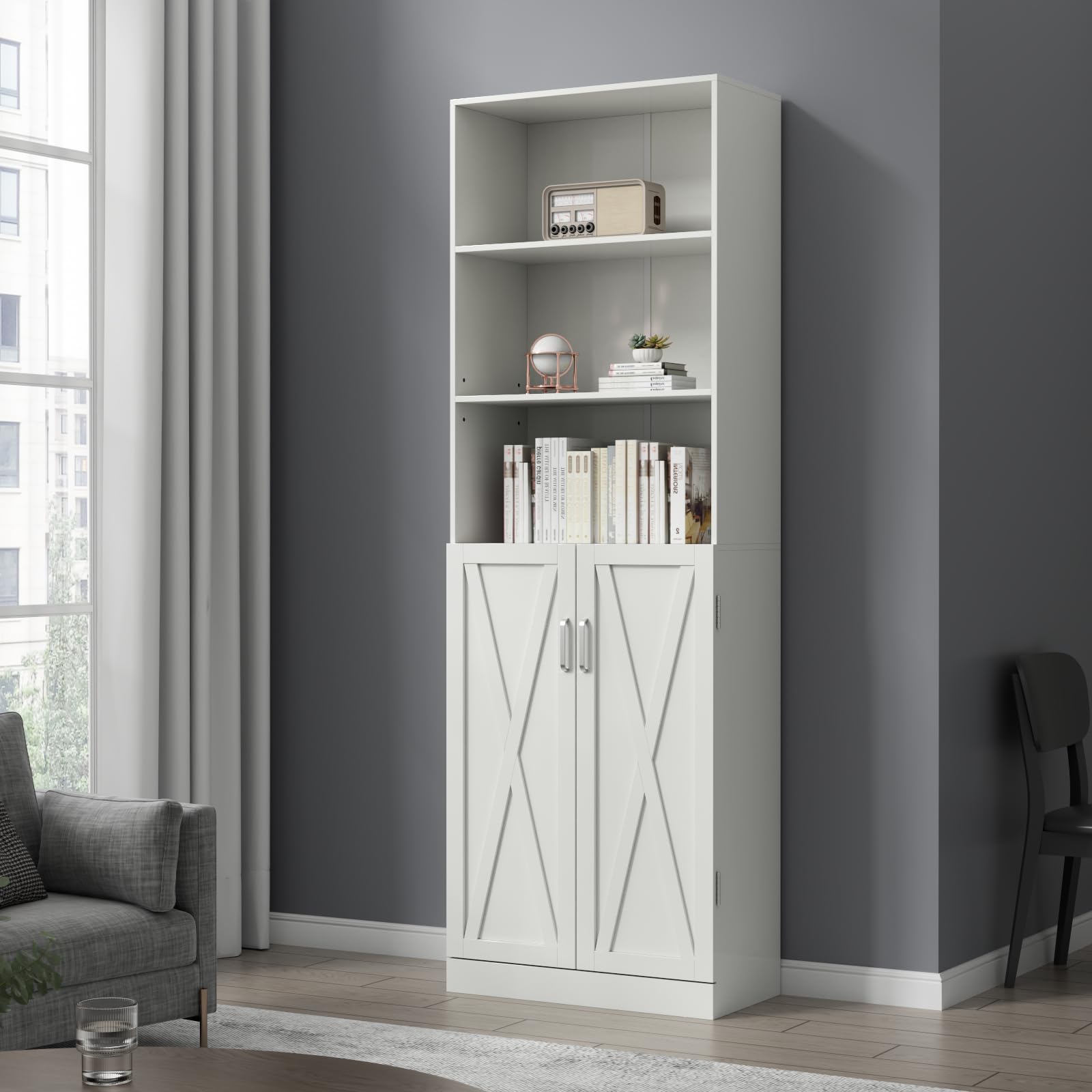 Loomie Industrial Bookshelf with Door, 6 Tier Farmhouse Book Shelf with Adjustable Shelves,70" Tall Display Etagere Bookcase