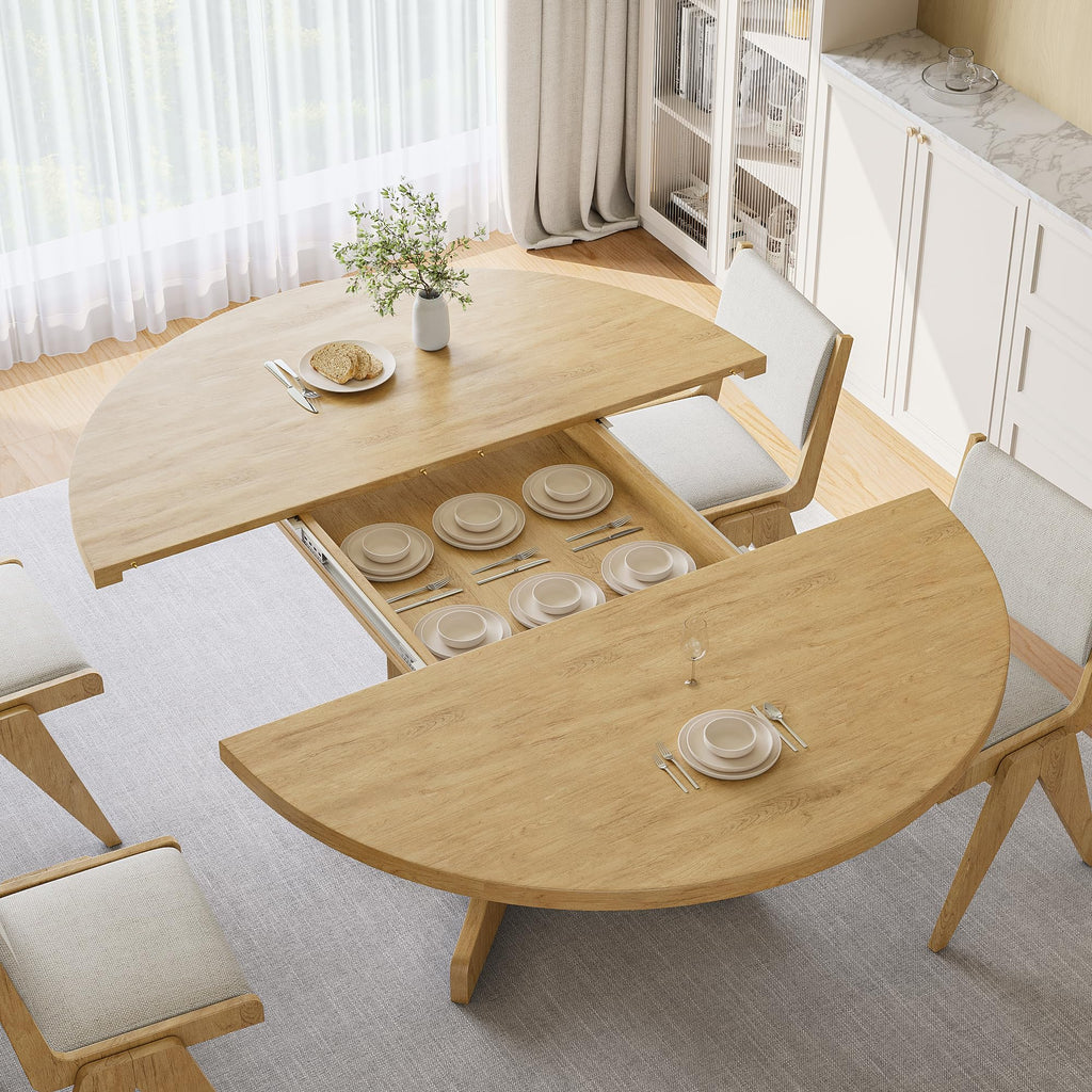 iPormis 59" Extendable Round Dining Table for 4-6, Modern Kitchen Table with Heavy Duty Pedestal Base & Wooden Top