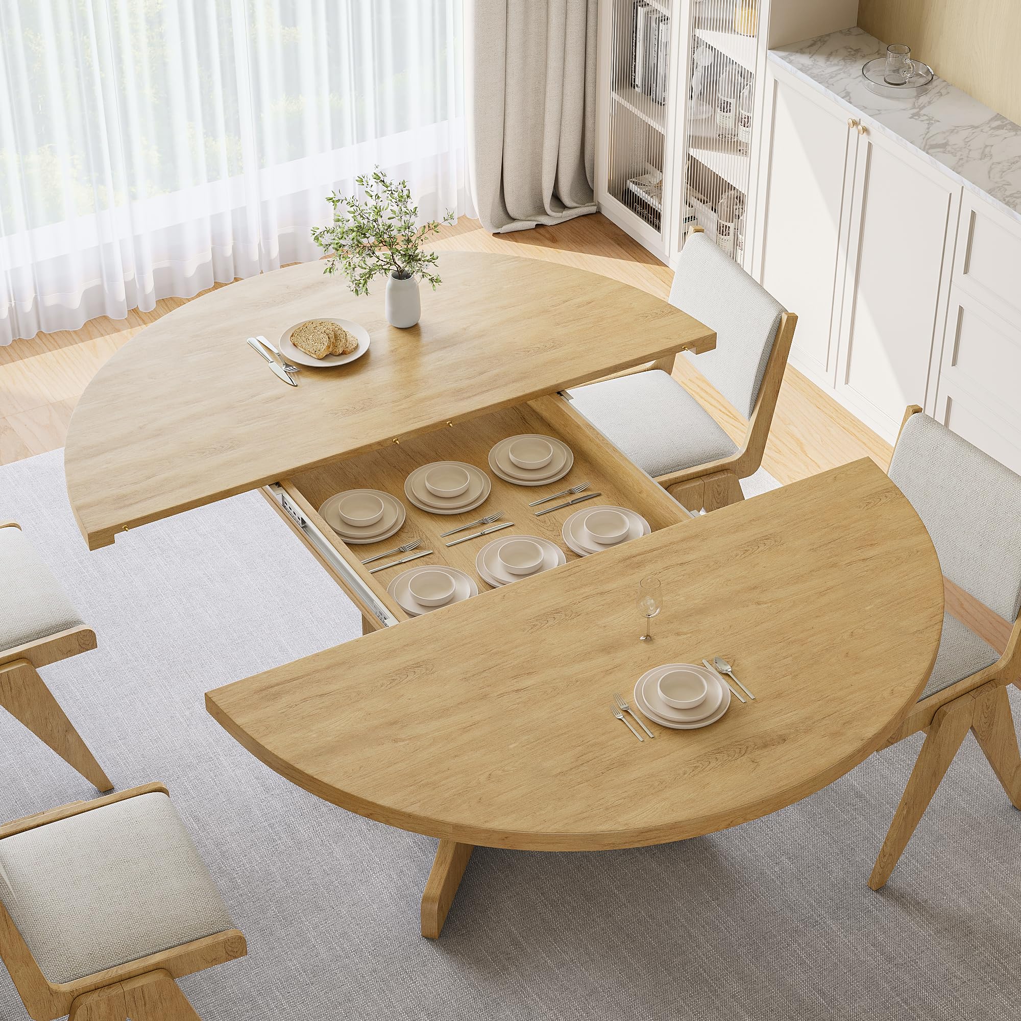 iPormis 59" Extendable Round Dining Table for 4-6, Modern Kitchen Table with Heavy Duty Pedestal Base & Wooden Top