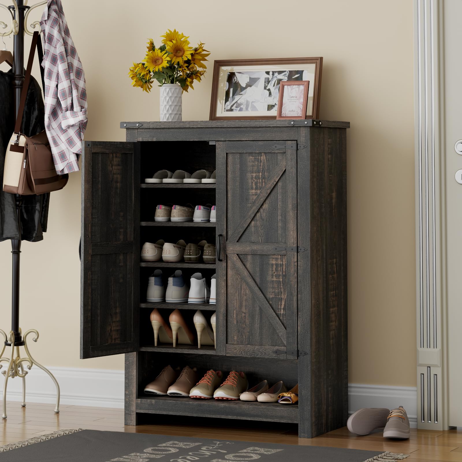 Loomie Shoe Cabinet with Doors, 7-Tier 28 Pair Shoe Cabinet Storage for Entryway, Hidden Narrow Shoe Cabinets with Adjustable Shelves